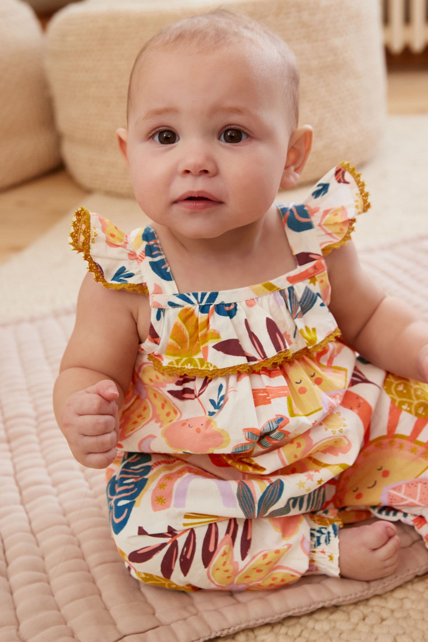 Red/Orange Print Baby Frill Shoulder Jumpsuit (0mths-2yrs)