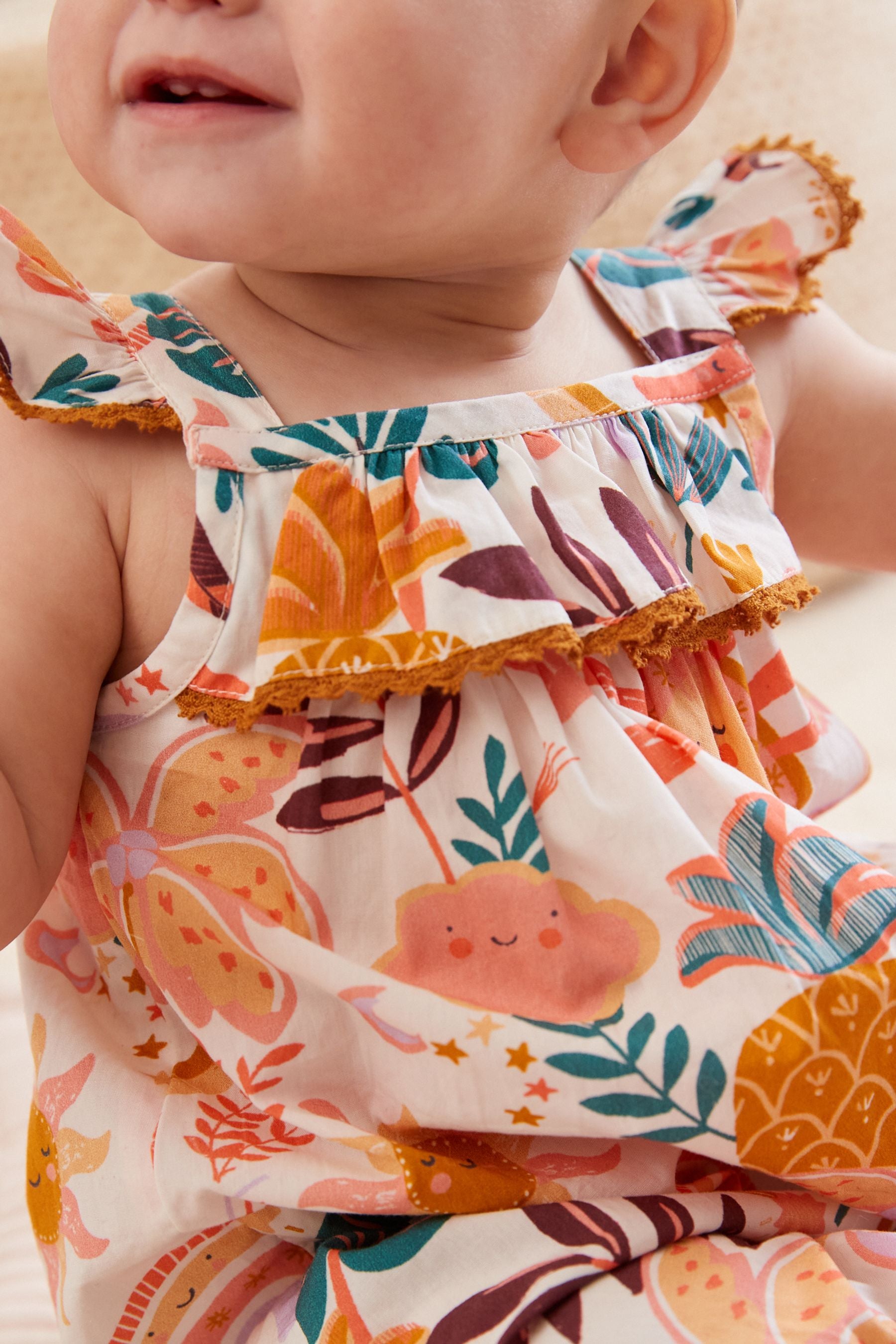 Red/Orange Print Baby Frill Shoulder Jumpsuit (0mths-2yrs)