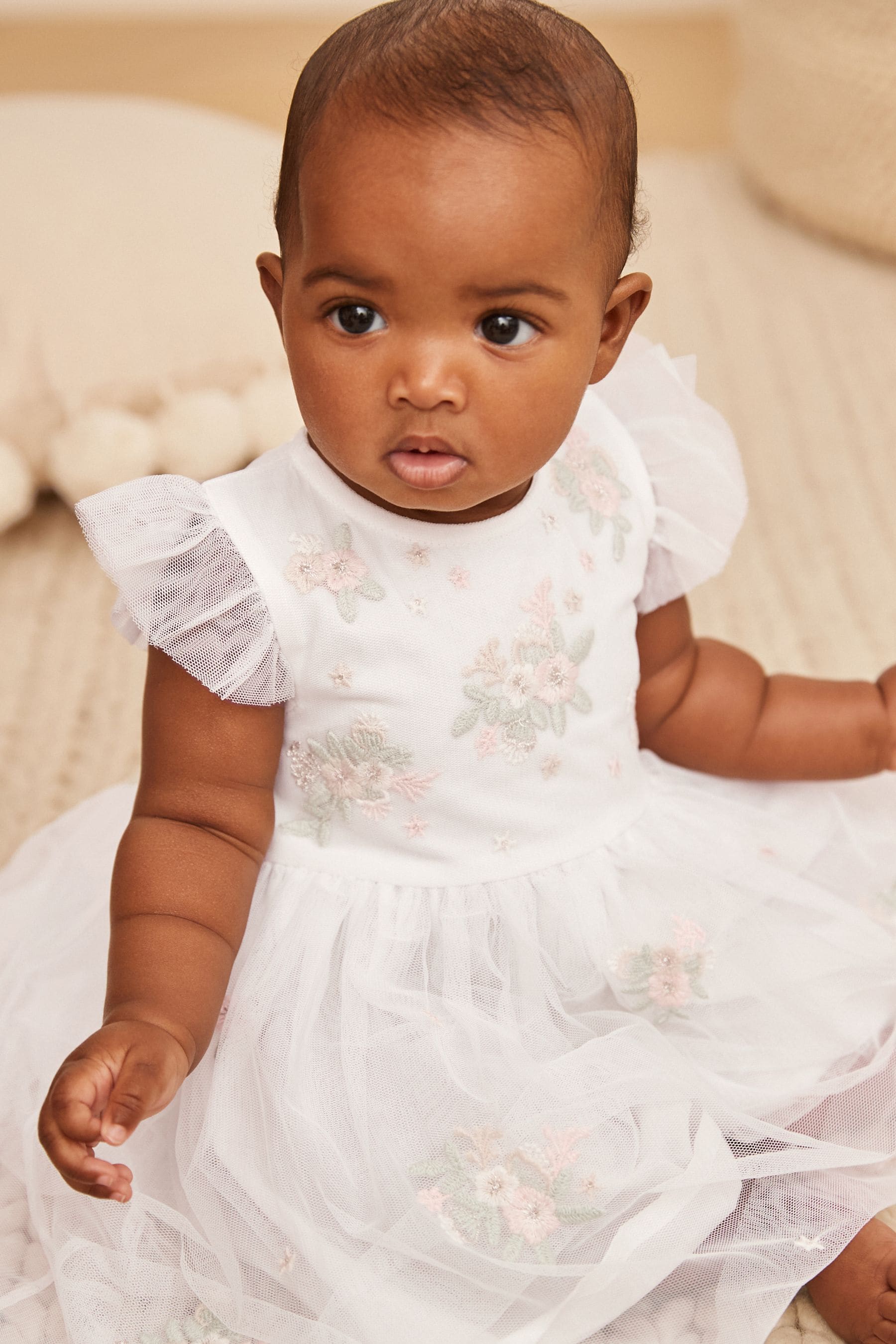 White Embellished Mesh Baby Dress (0mths-2yrs)