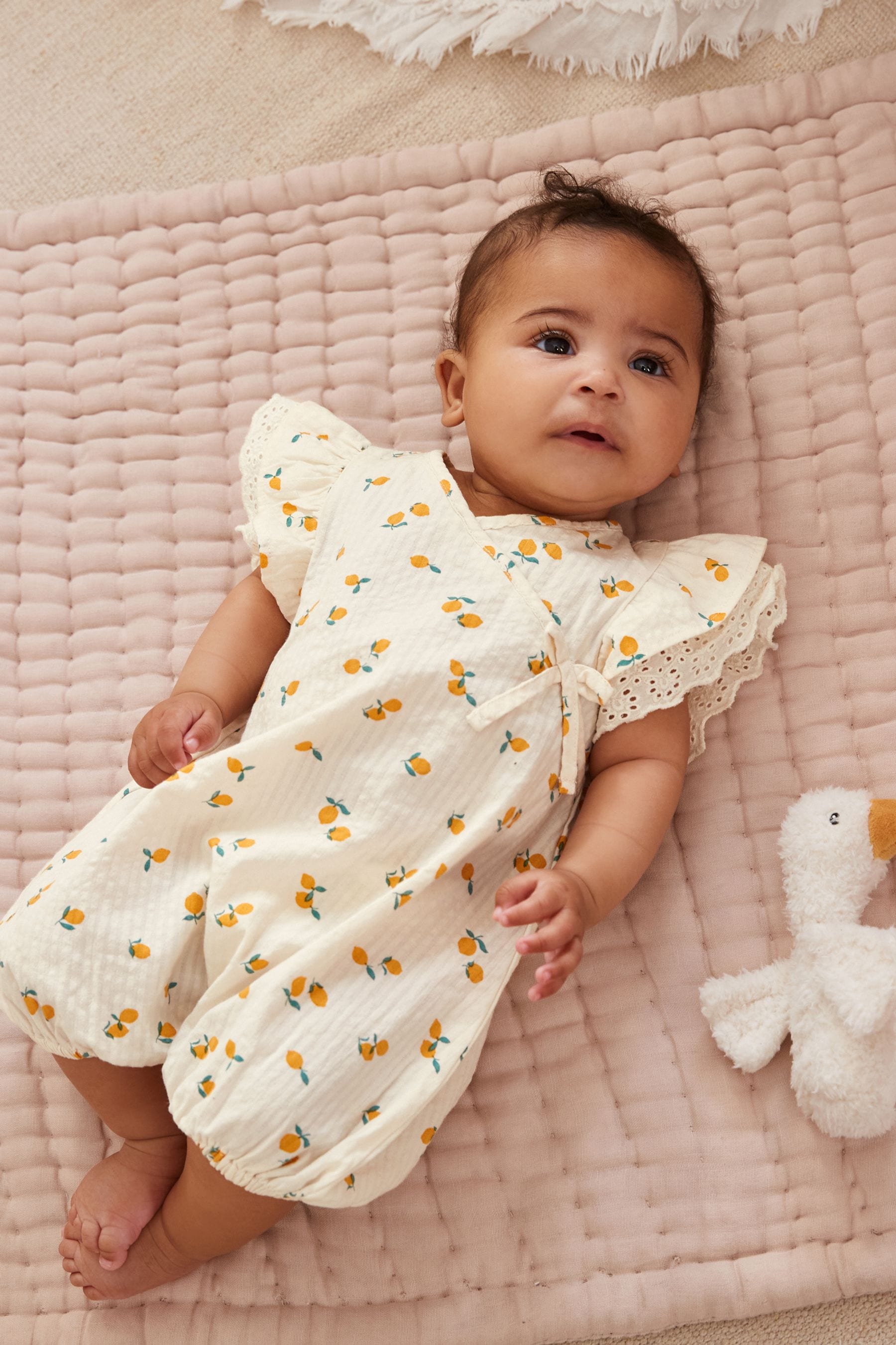 Neutral Lemon Print Baby Wrap Playsuit (0mths-2yrs)