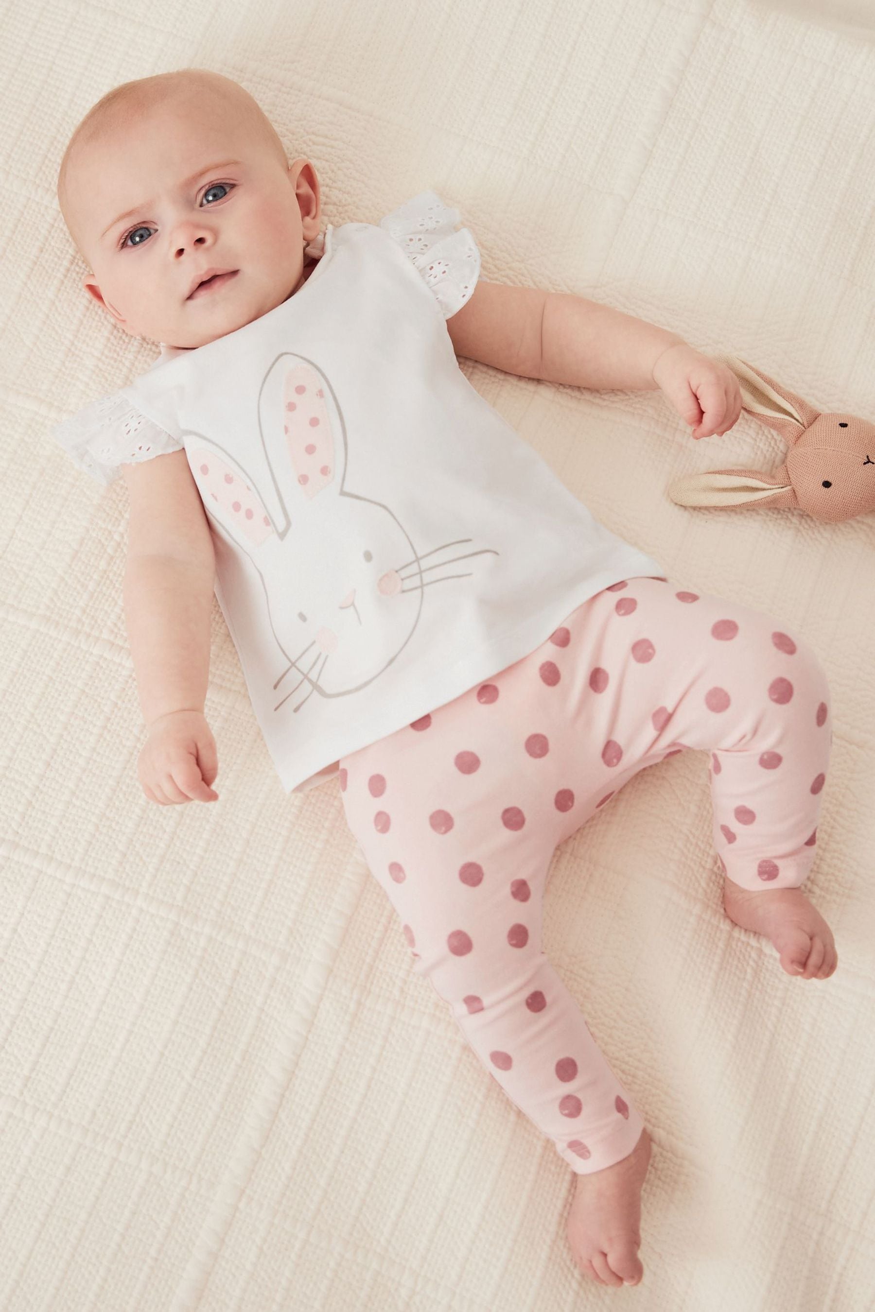 Pink/White Bunny Baby Woven T-Shirt And Leggings Set 2 Piece