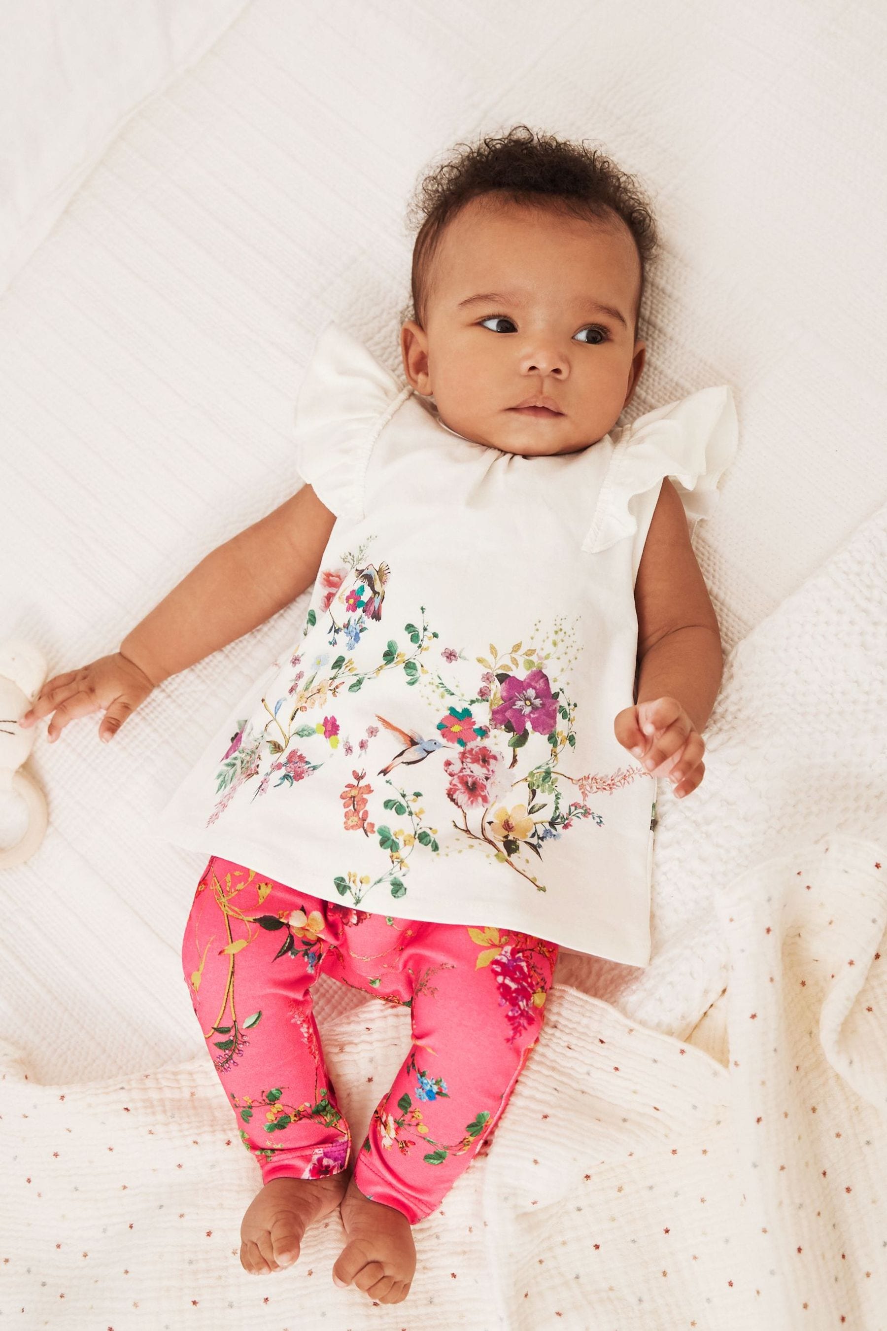 Coral/White Floral Baby Woven T-Shirt And Leggings Set 2 Piece