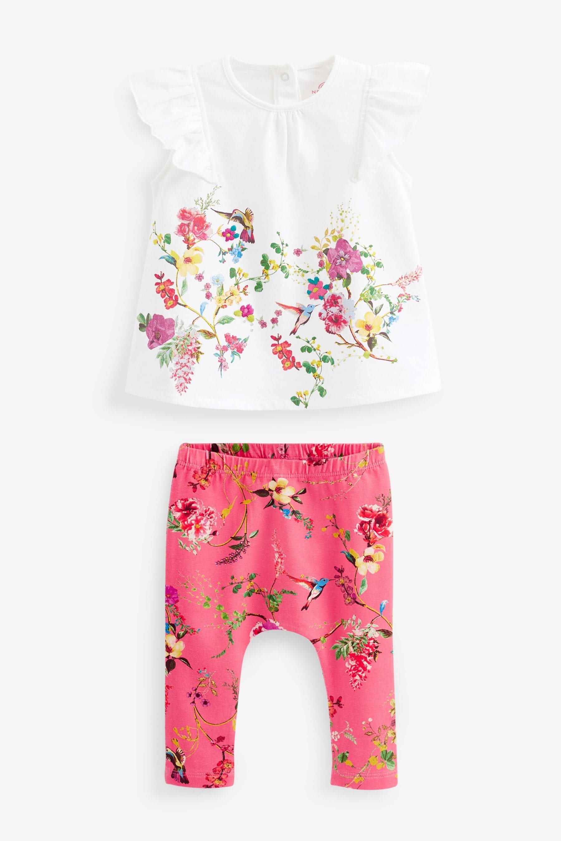 Coral/White Floral Baby Woven T-Shirt And Leggings Set 2 Piece