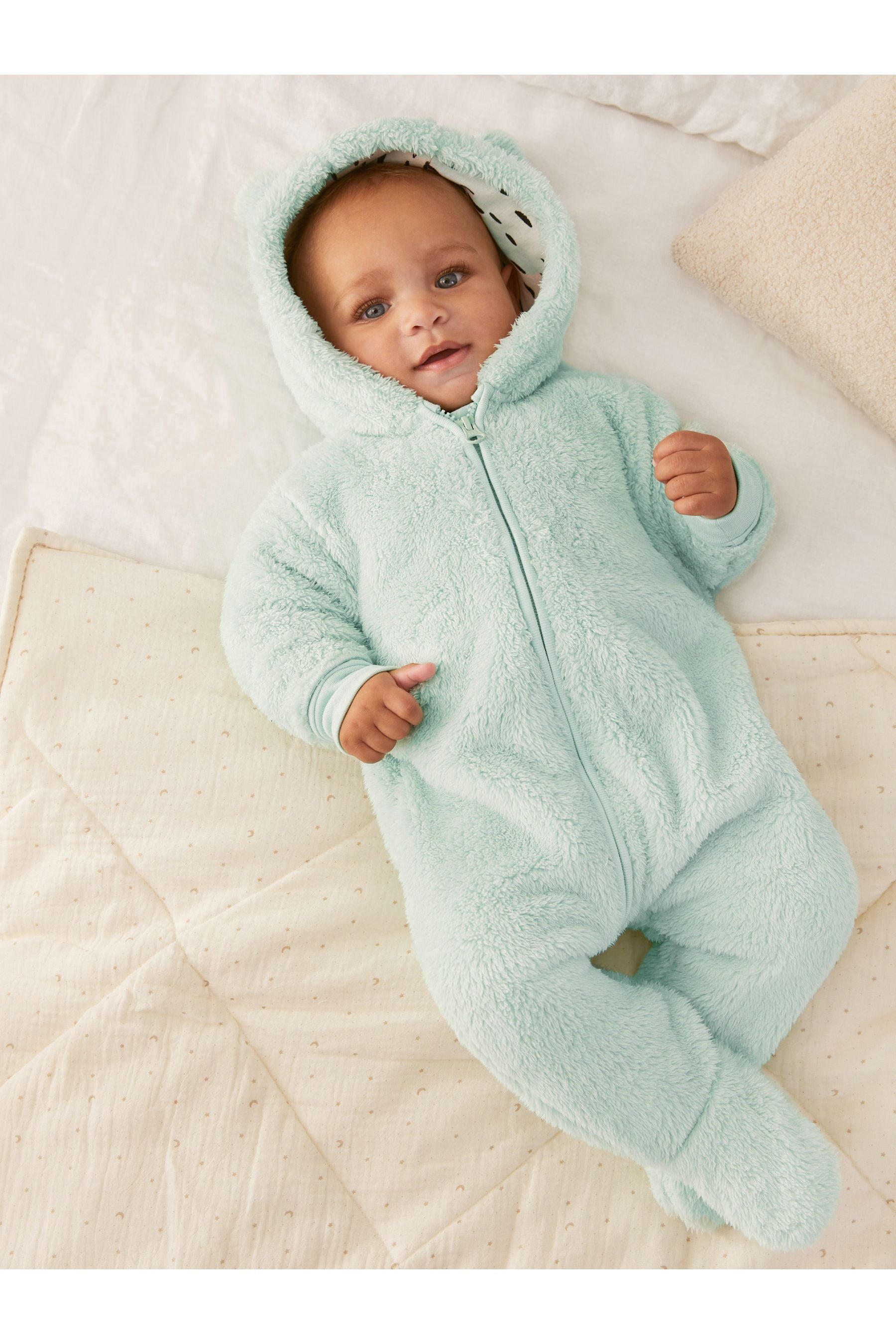 Mint Green Cosy Fleece Bear Baby Pramsuit