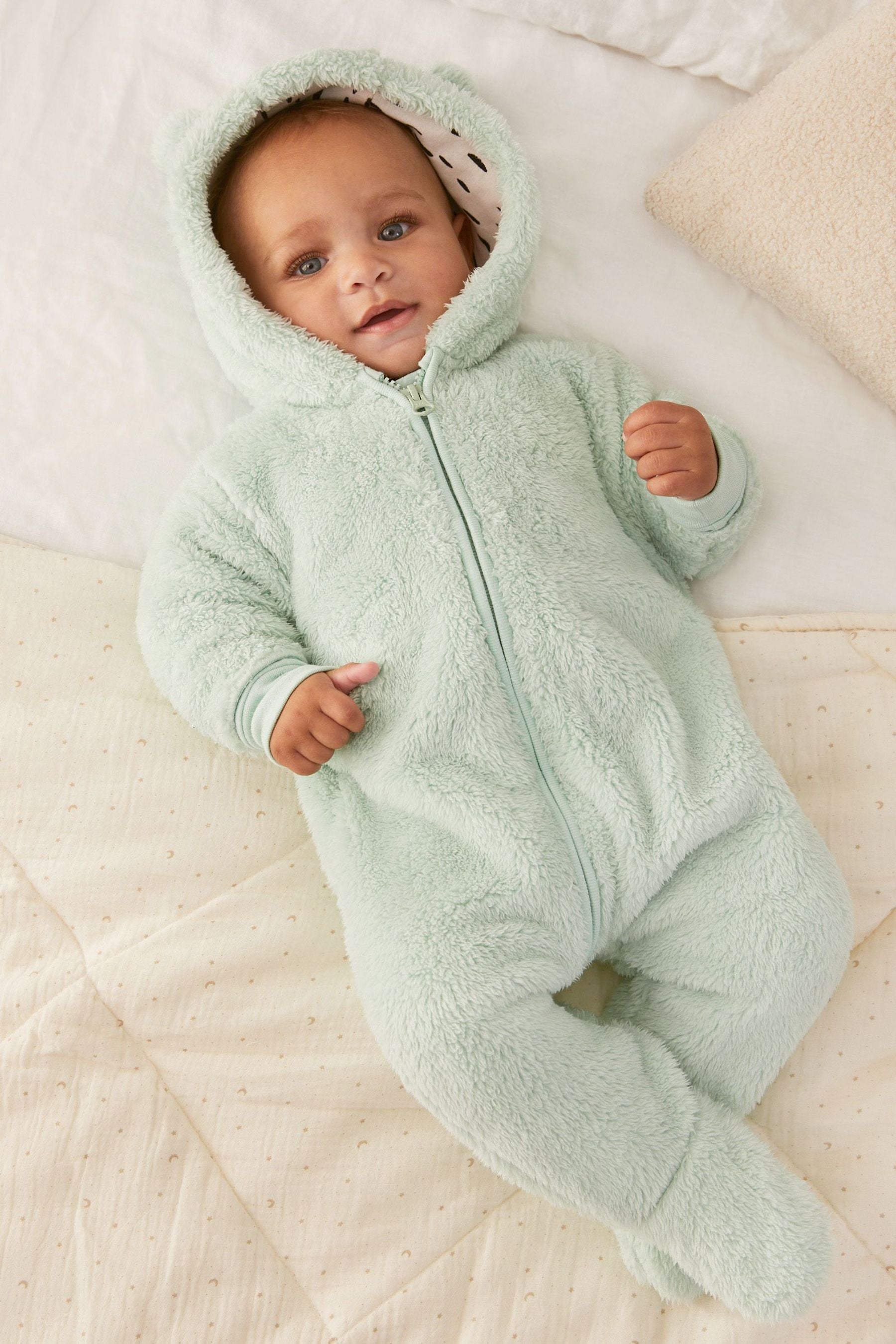 Mint Green Cosy Fleece Bear Baby Pramsuit