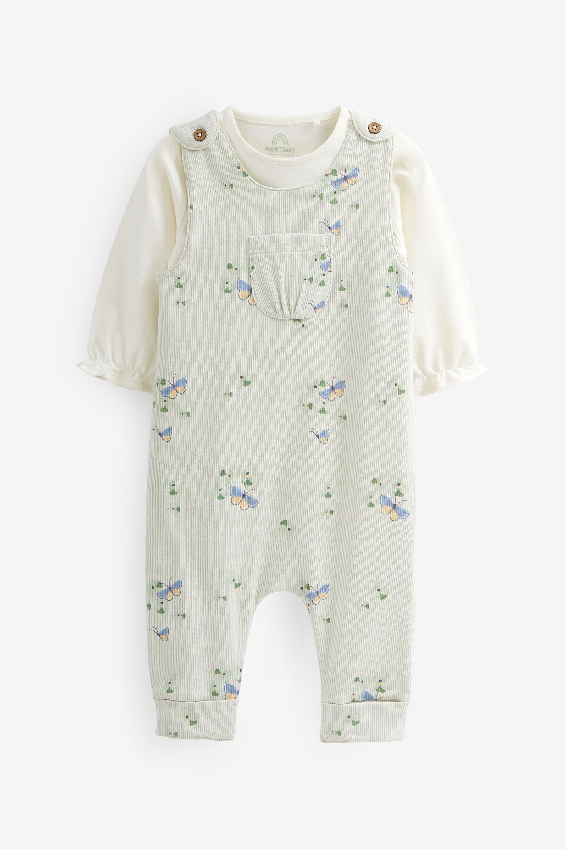 Sage Green Floral Jersey Baby 2 Piece Dungarees And Bodysuit Set (0mths-3yrs)