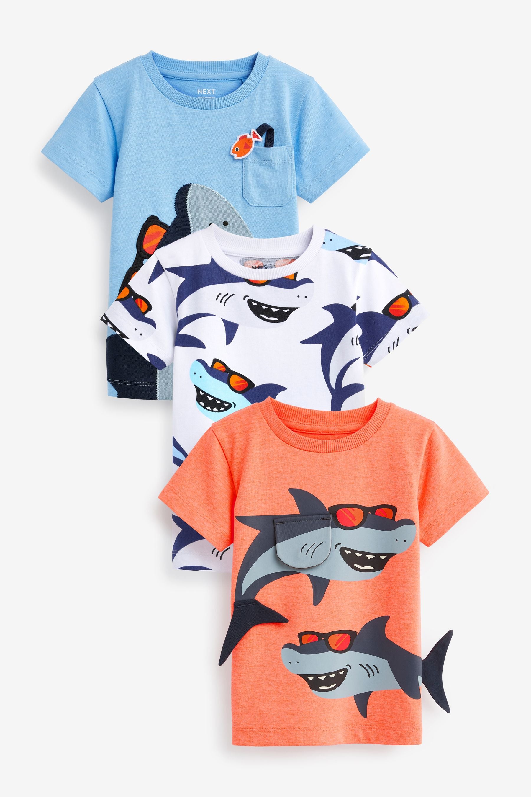 Blue/Pink Shark Character Short Sleeve T-Shirts 3 Pack (3mths-7yrs)