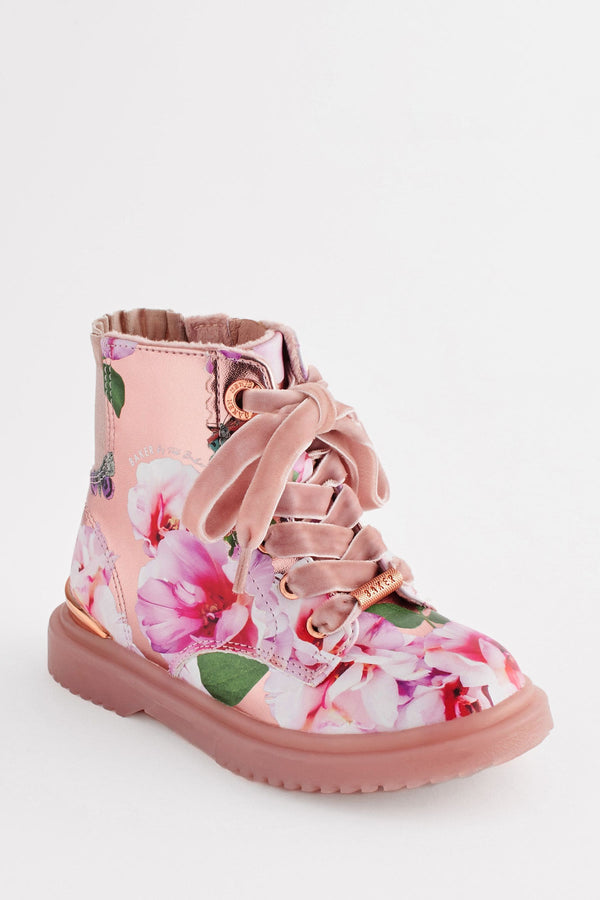 Rose Gold Baker by Ted Baker Girls Pink Floral Print and Glitter Lace Up Boots