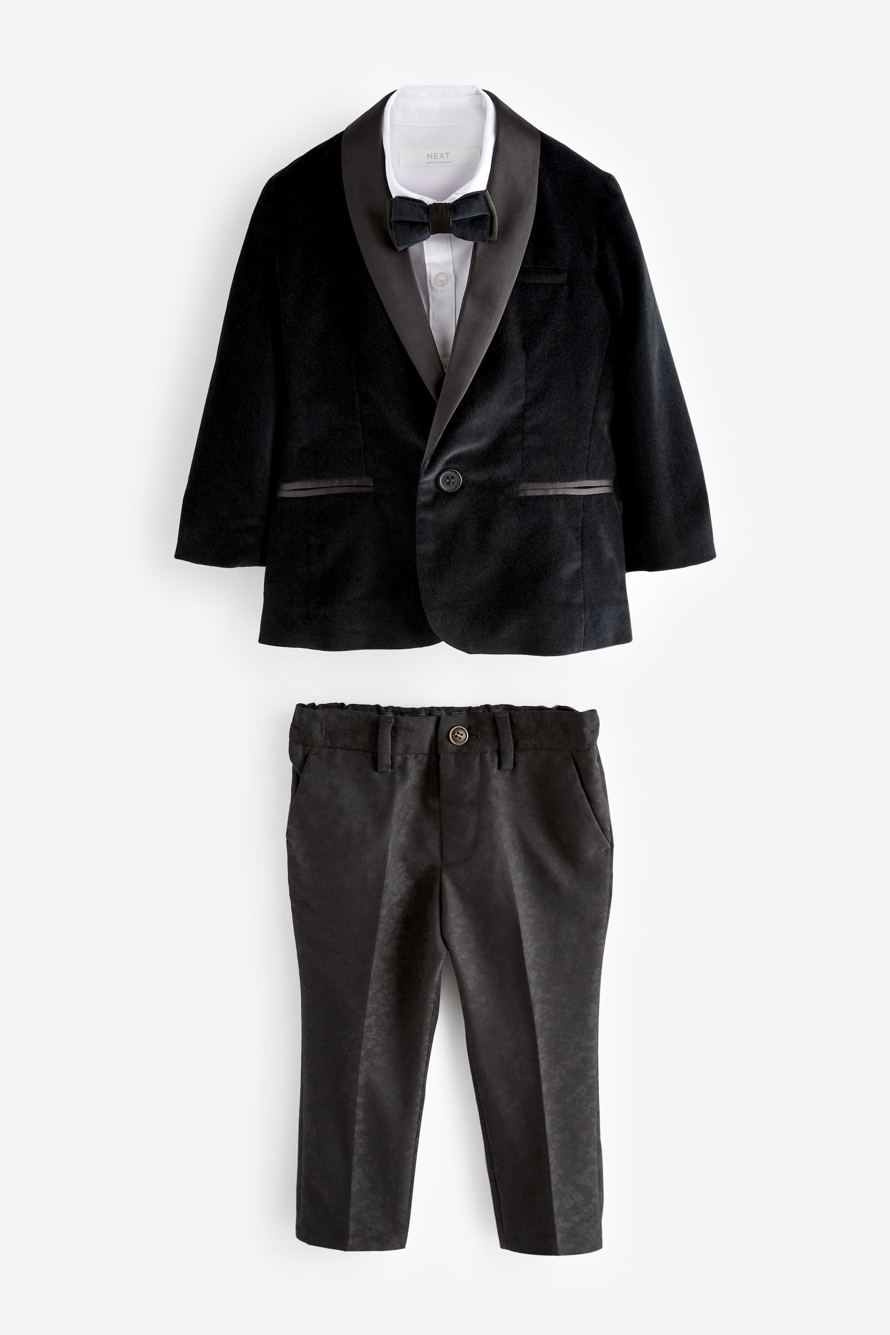 Black Velvet 2pc Blazer, Shirt, Trousers & Bow Tie Set (3mths-9yrs)