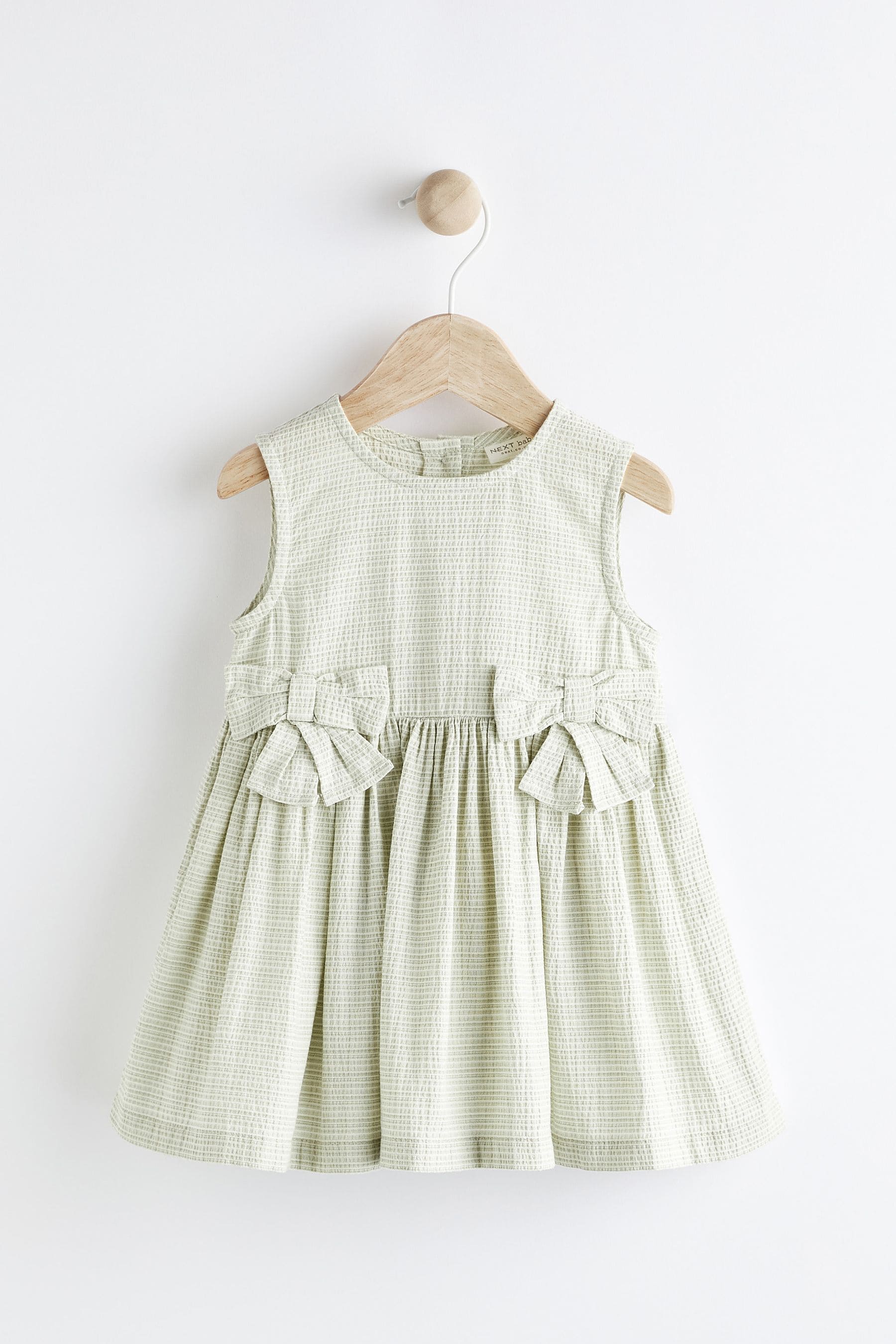 Sage Green Textured Stripe Dress With Bow Detail