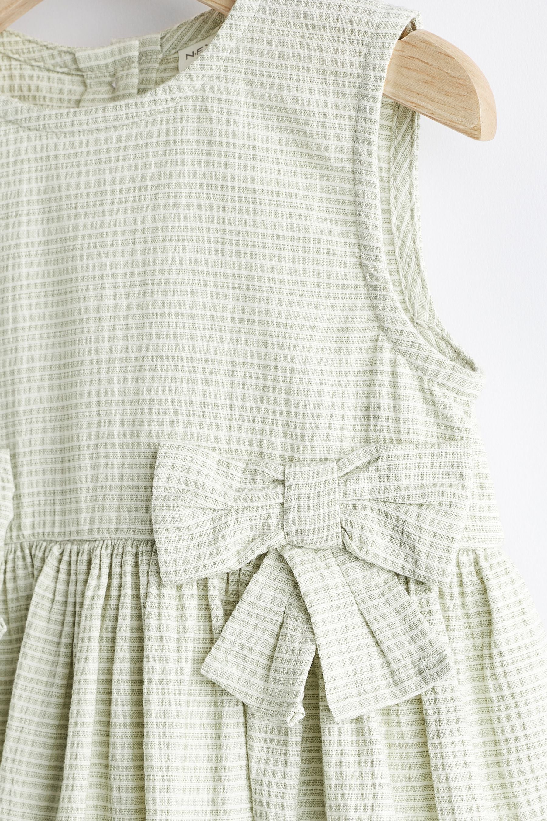 Sage Green Textured Stripe Dress With Bow Detail