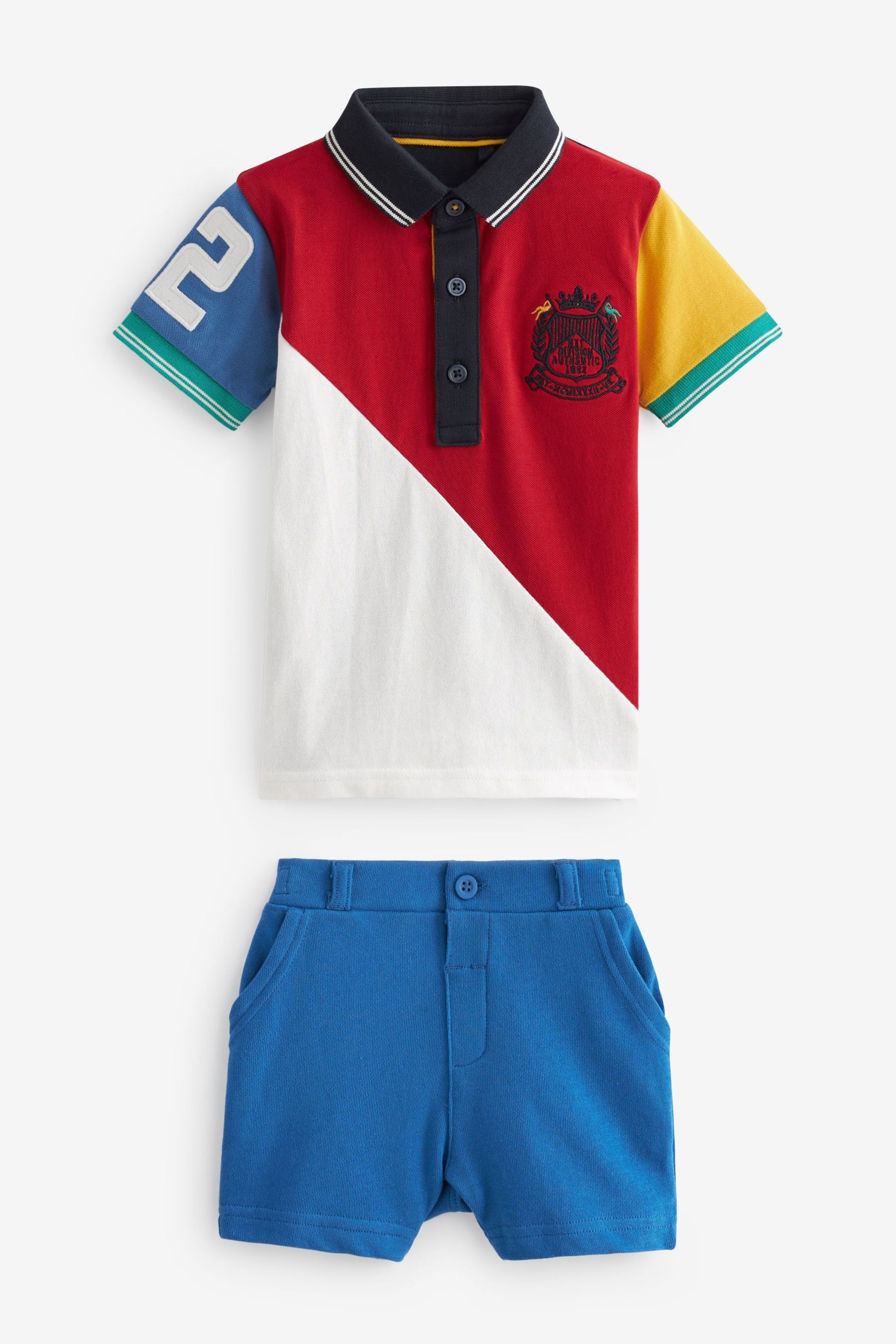 Red/Blue Short Sleeve Colourblock Pique Jersey Polo Shirt And Shorts Set (3mths-7yrs)