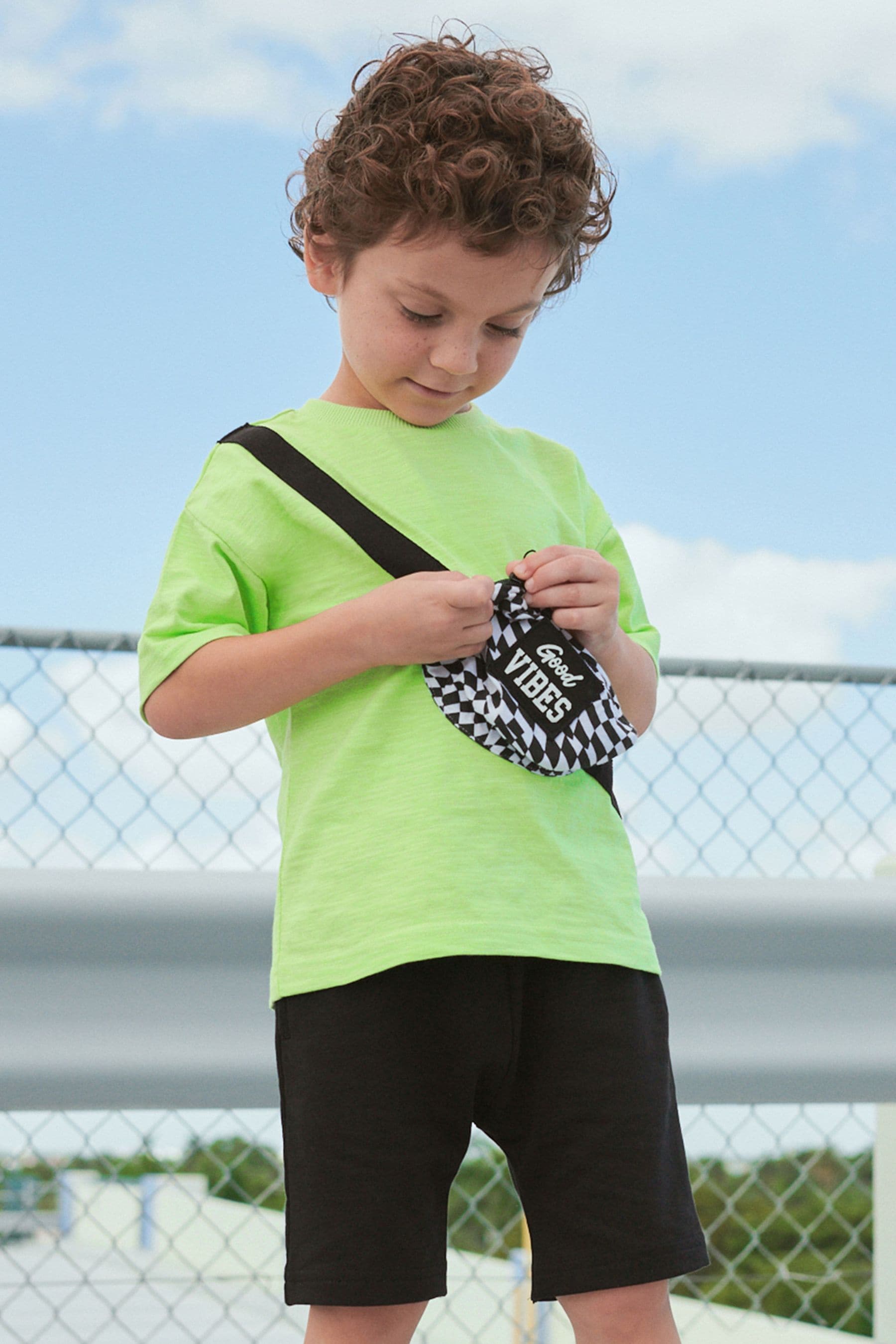 Green/Black Checkerboard Bumbag Short Sleeve T-Shirt And Shorts Set (3mths-7yrs)