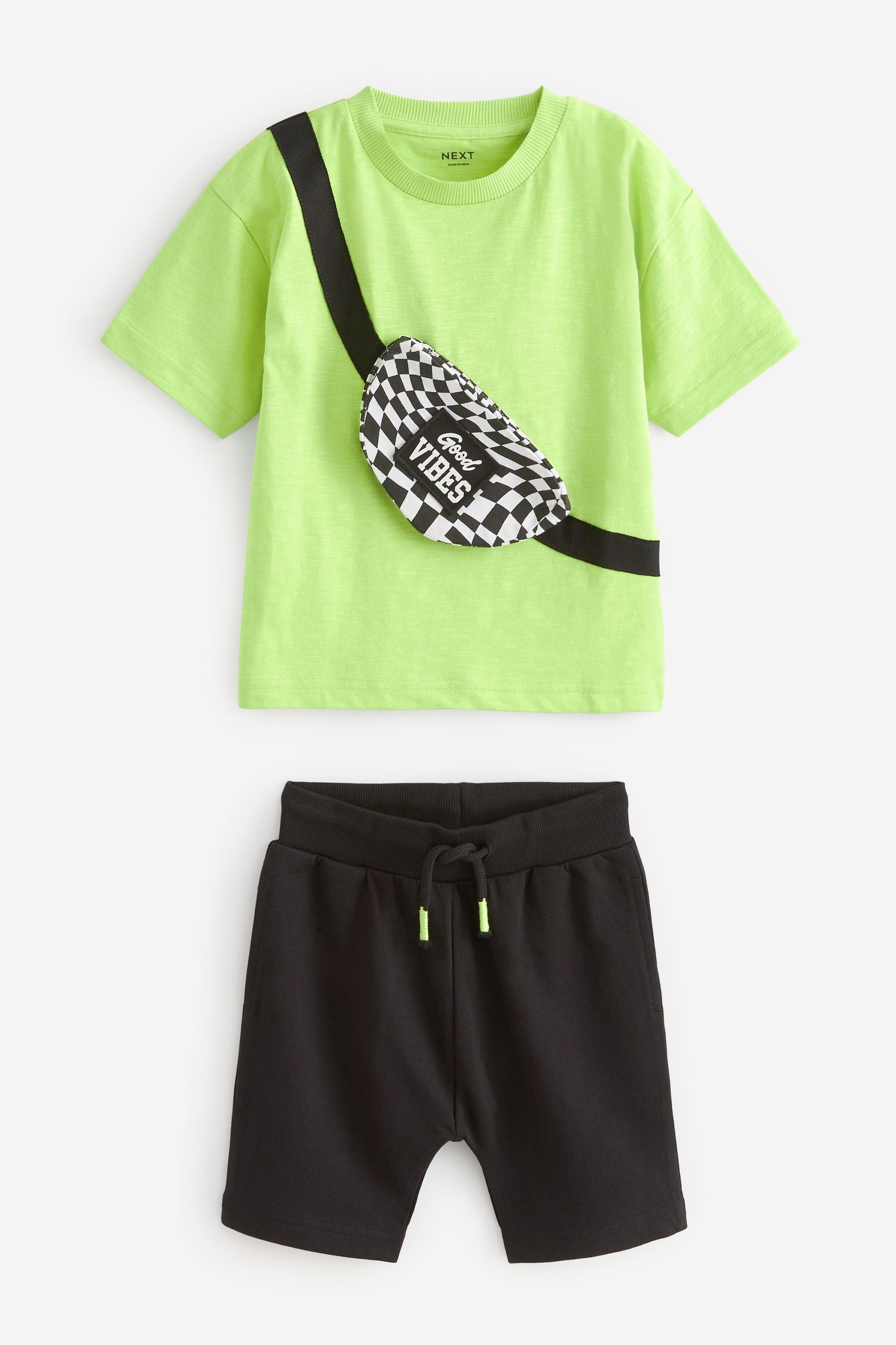 Green/Black Checkerboard Bumbag Short Sleeve T-Shirt And Shorts Set (3mths-7yrs)