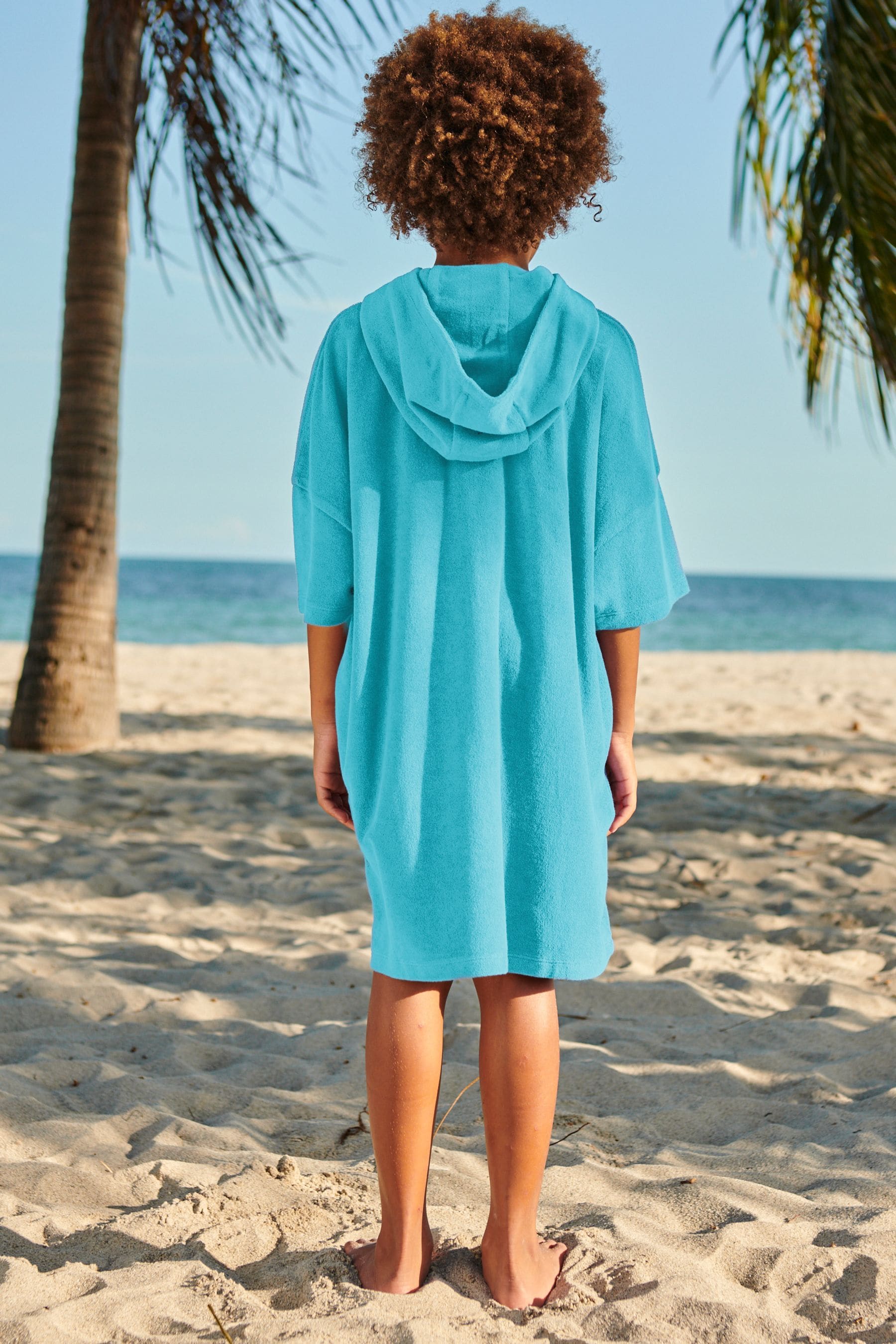 Aqua Blue Oversized Hooded Towelling Cover-Up