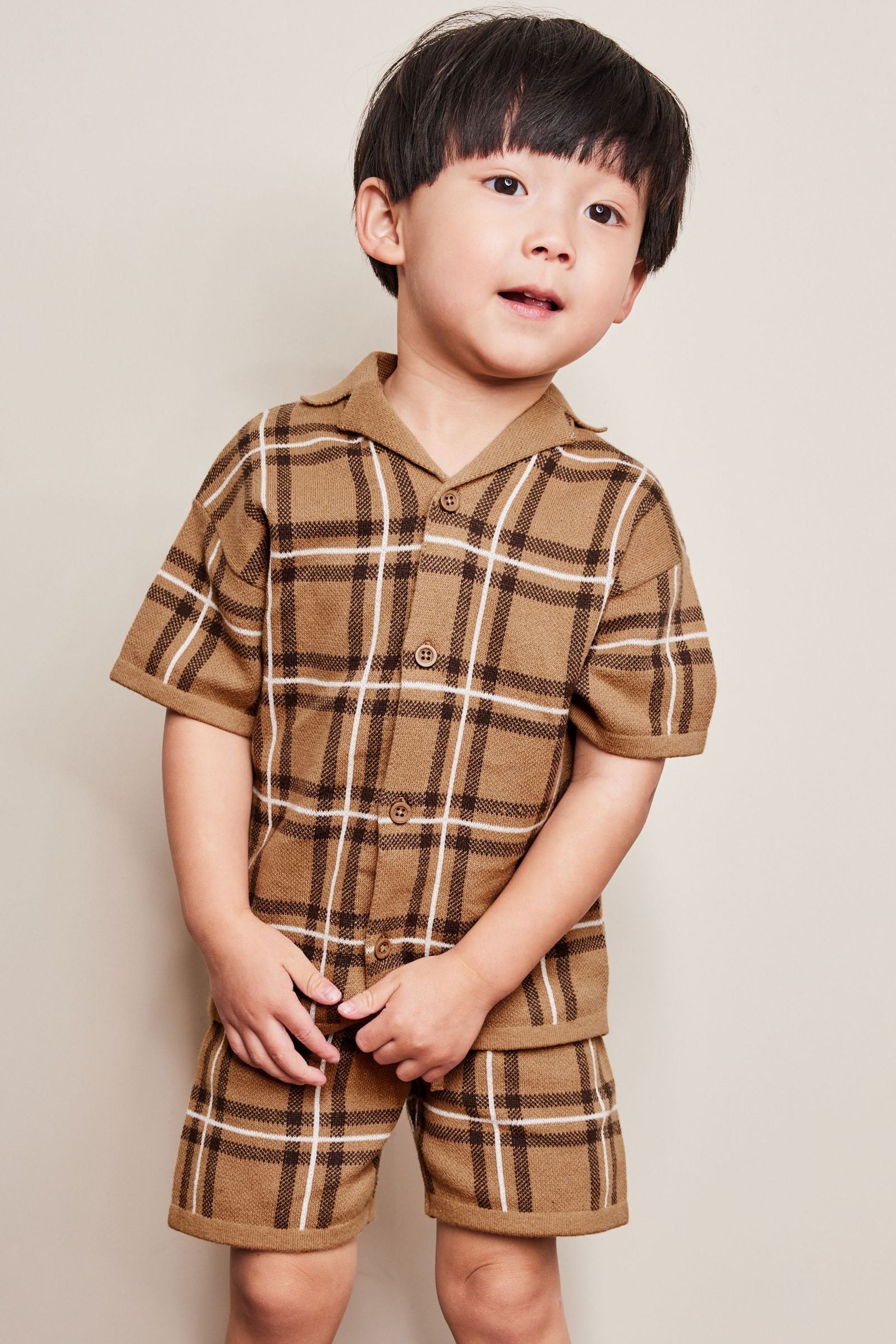 Brown Check Knitted Shirt And Shorts Set (3mths-7yrs)