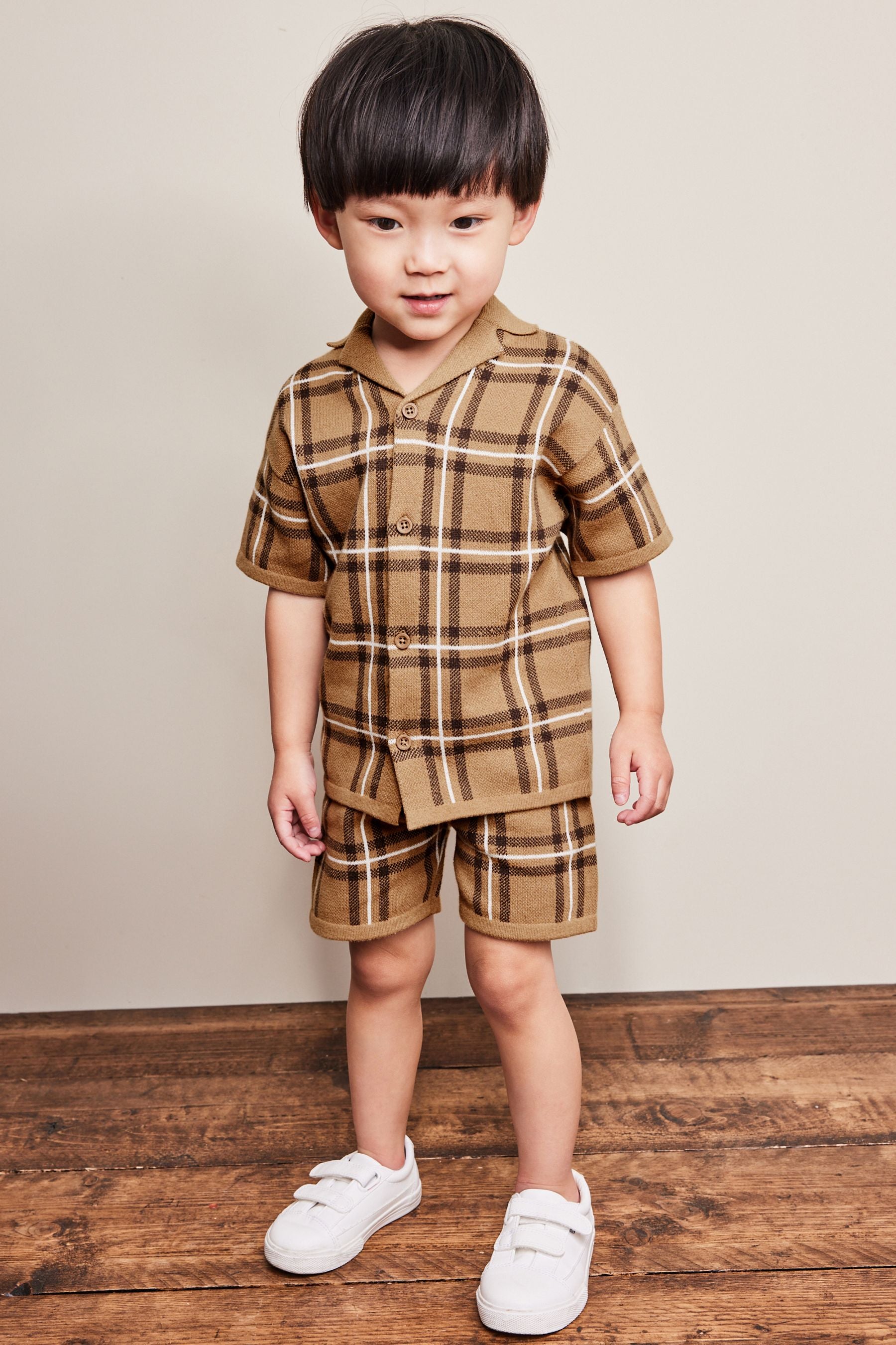 Brown Check Knitted Shirt And Shorts Set (3mths-7yrs)