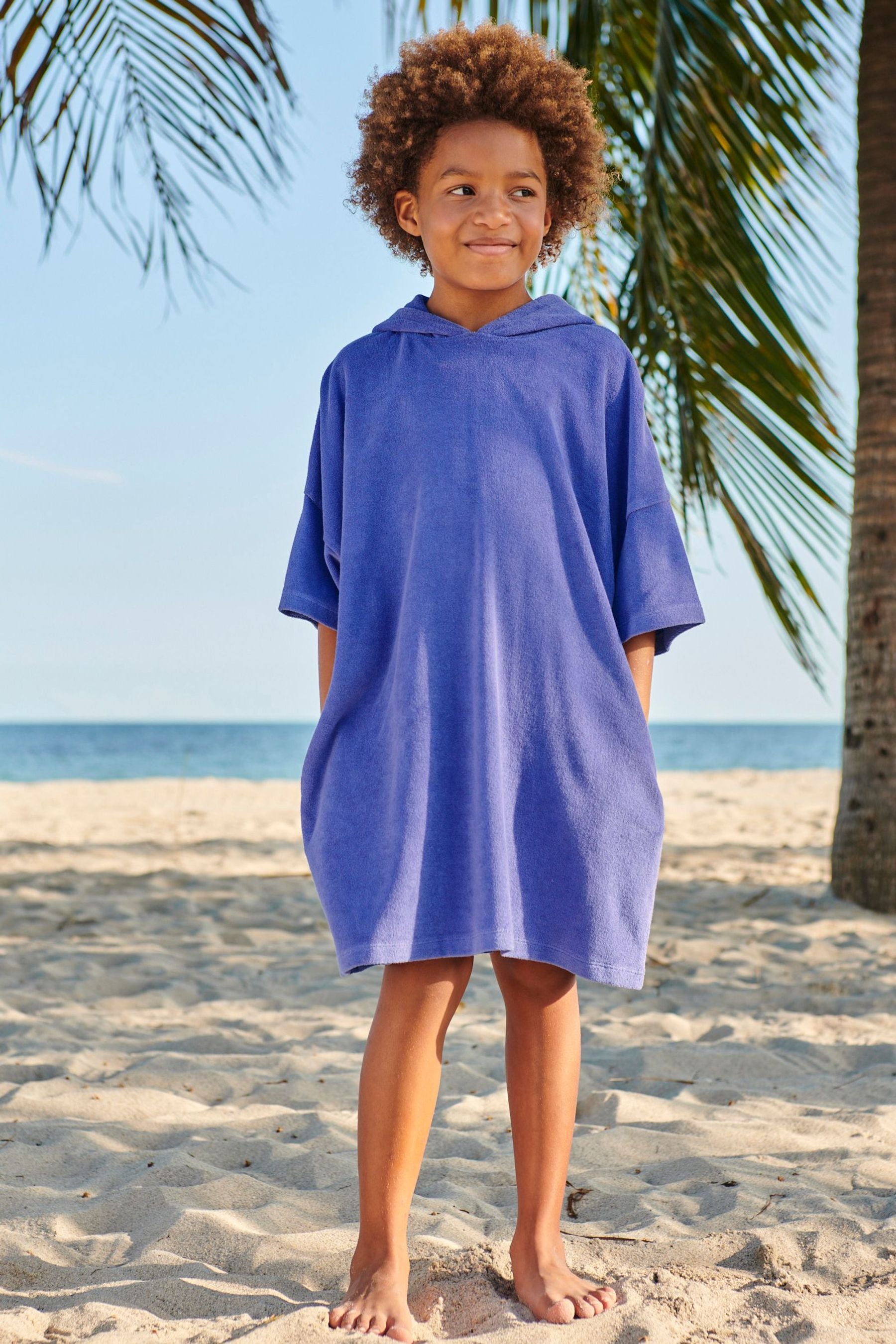 Blue Oversized Hooded Towelling Cover-Up