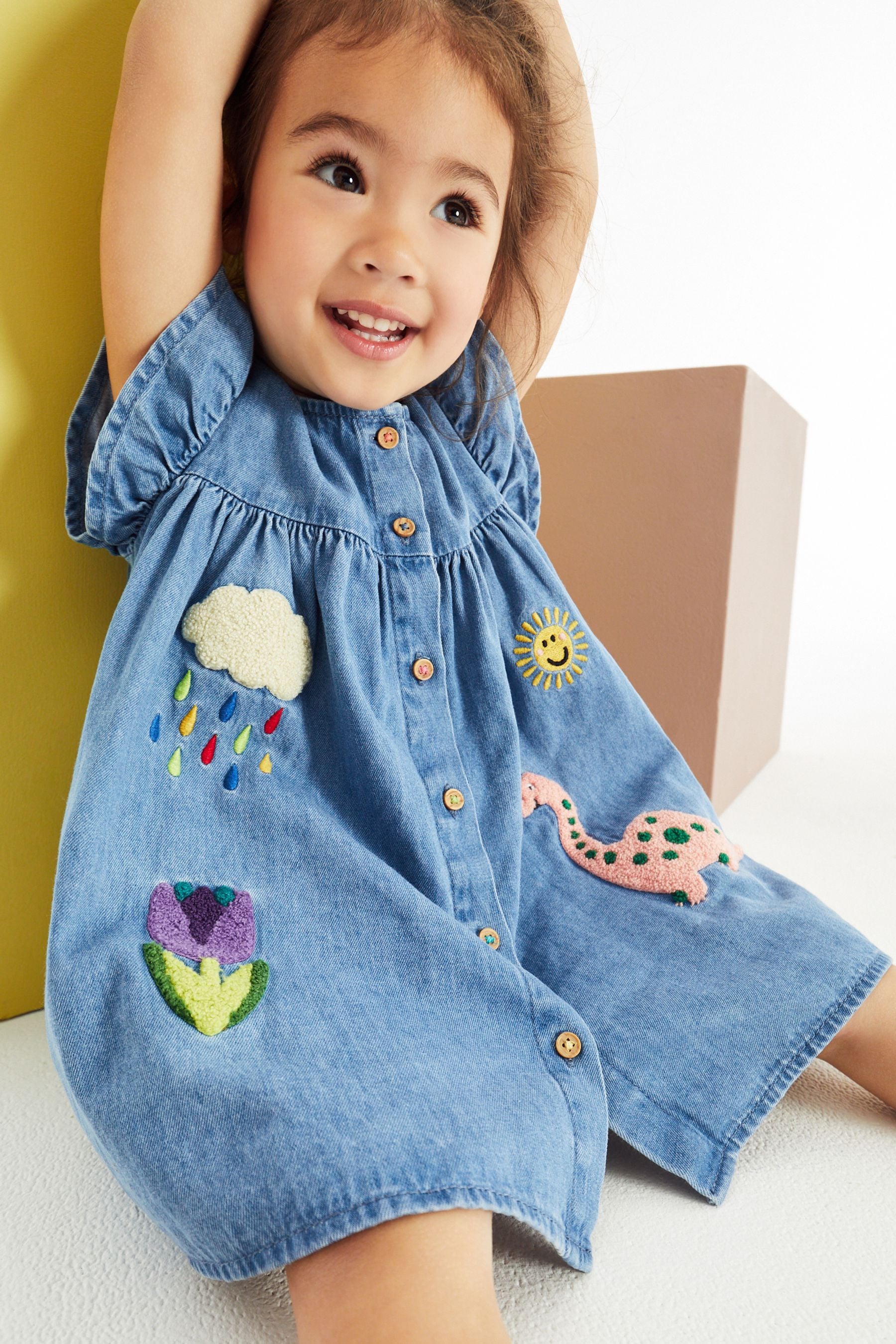 Blue Denim Dinosaur Frill Sleeve Cotton Dress (3mths-8yrs)