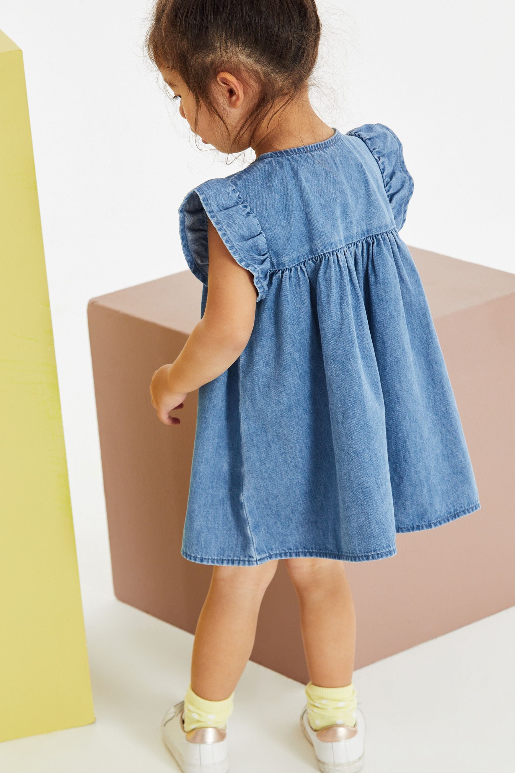 Blue Denim Dinosaur Frill Sleeve Cotton Dress (3mths-8yrs)