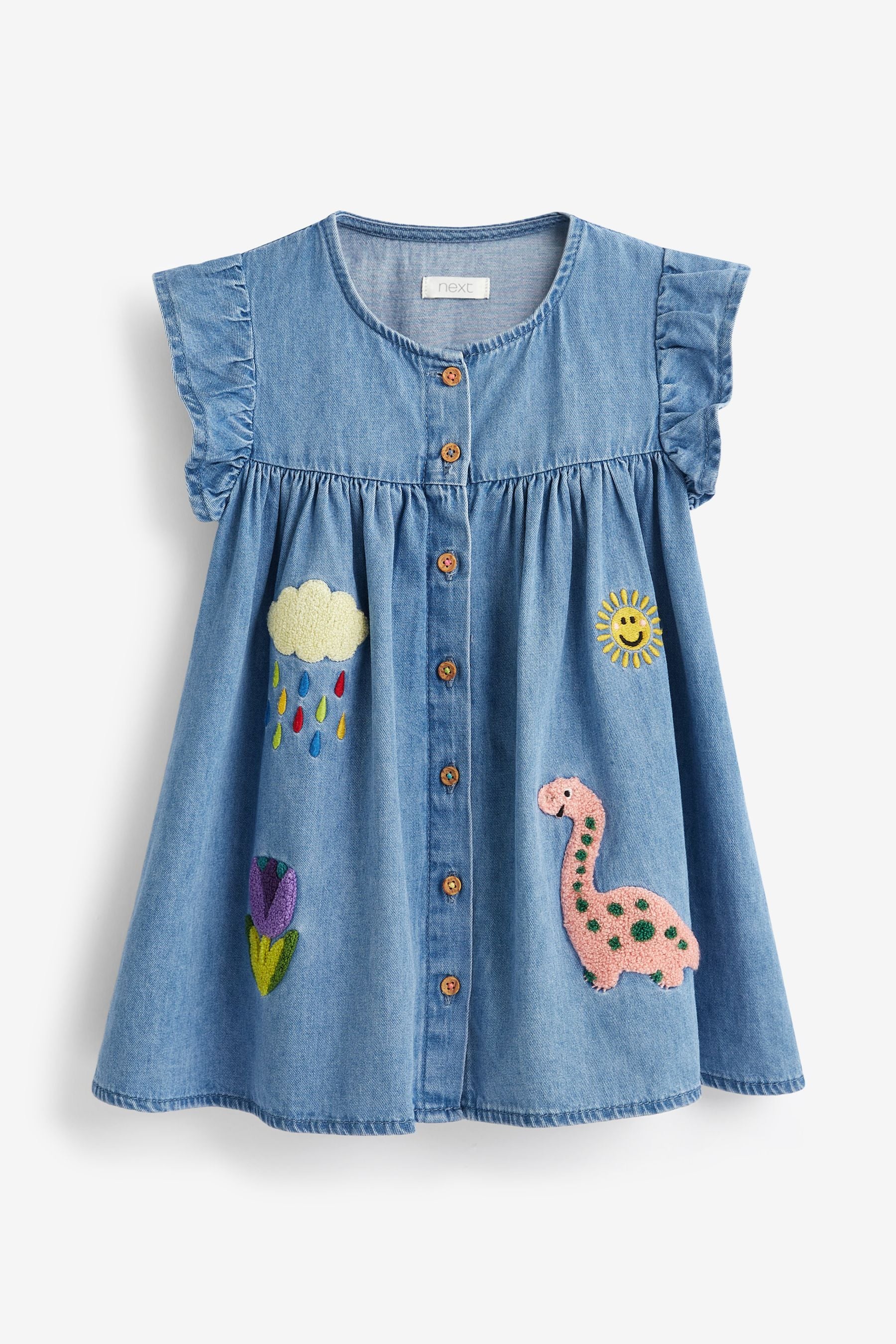 Blue Denim Dinosaur Frill Sleeve Cotton Dress (3mths-8yrs)