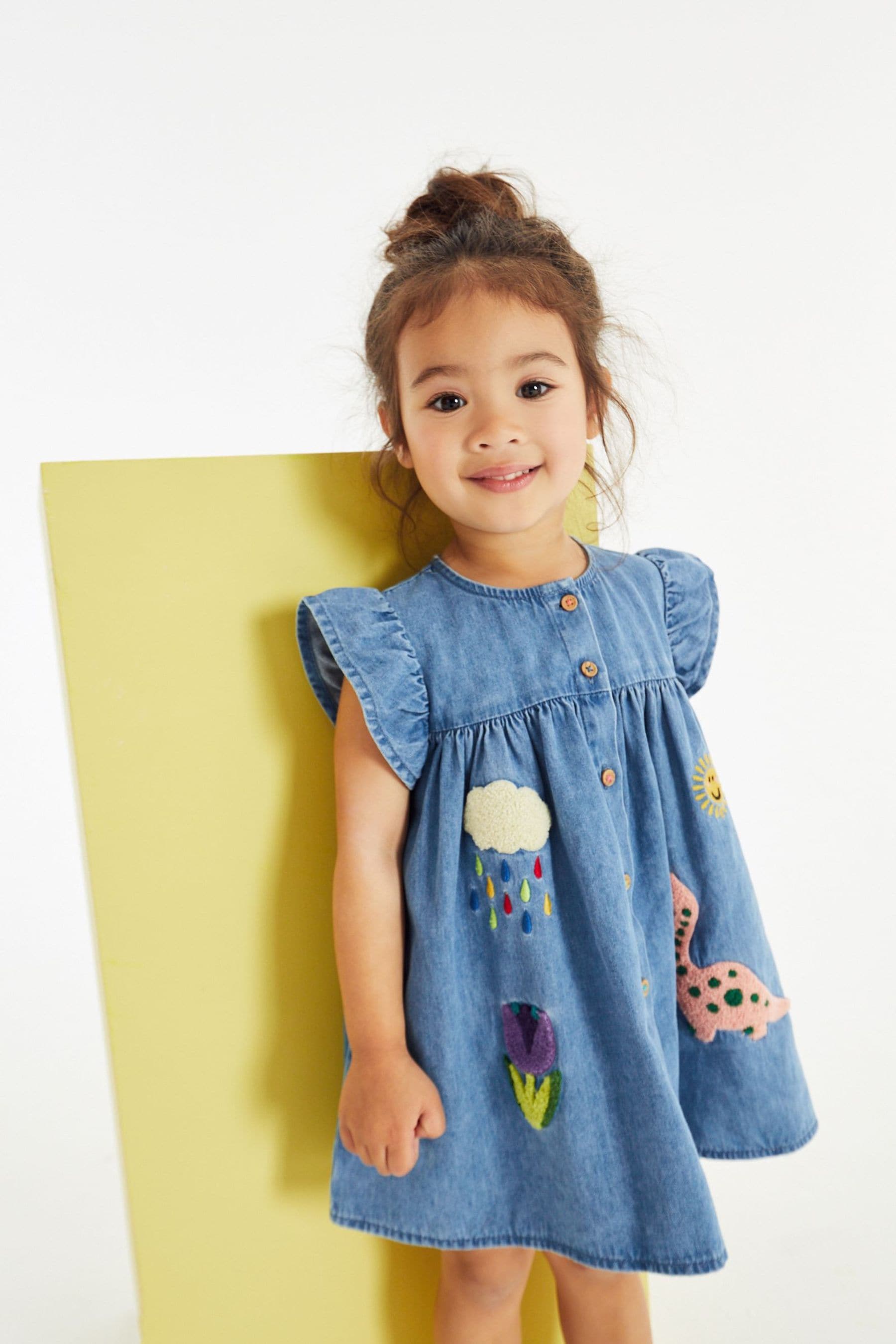 Blue Denim Dinosaur Frill Sleeve Cotton Dress (3mths-8yrs)