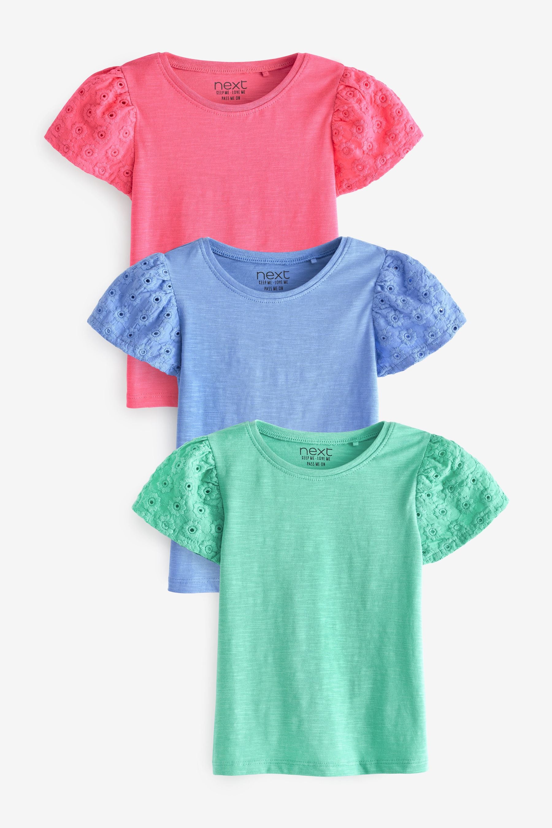 Pink/Blue/Green Broderie Sleeve T-Shirts 3 Pack (3mths-7yrs)