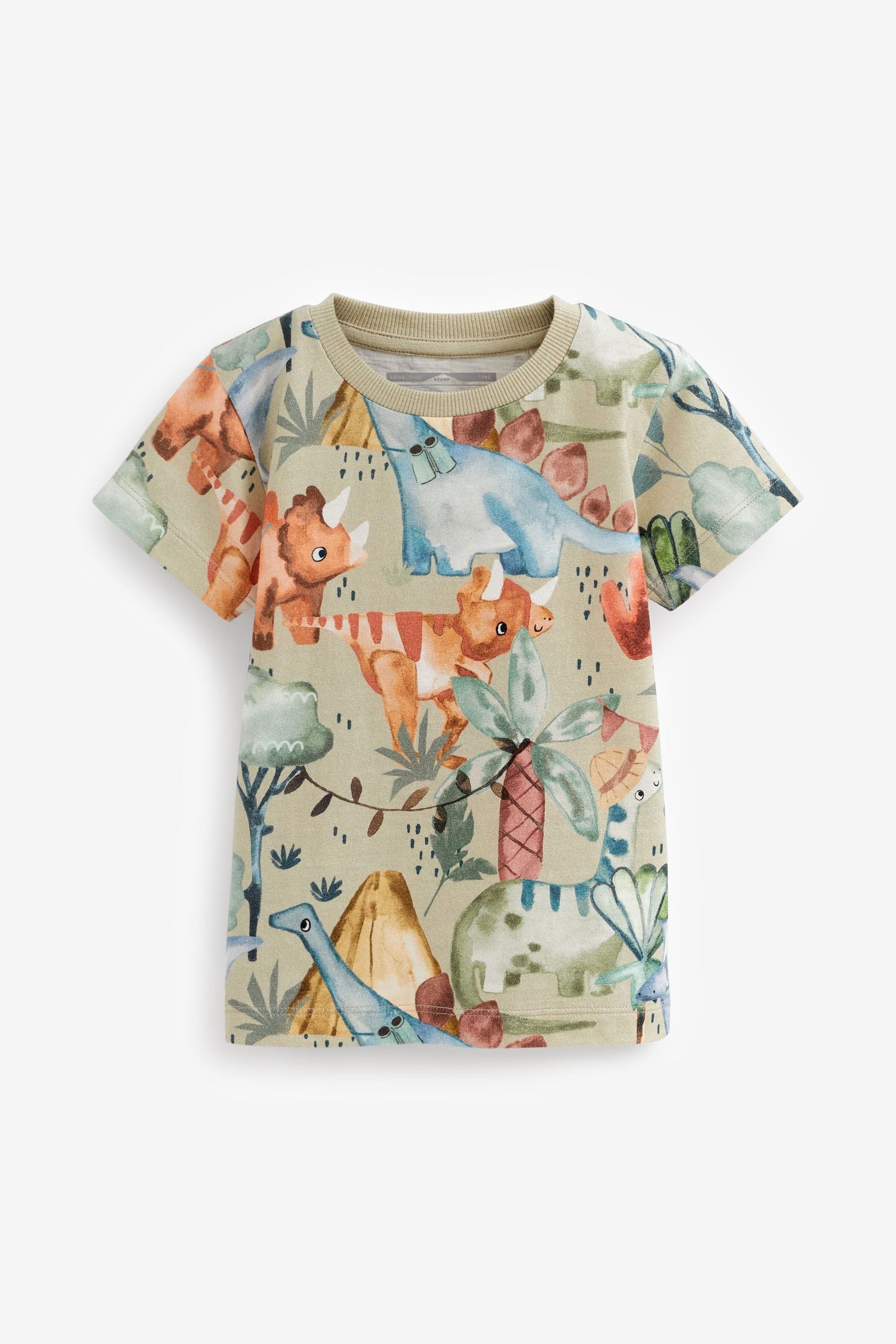 Khaki Green Dino Short Sleeve All Over Print T-Shirt (3mths-7yrs)