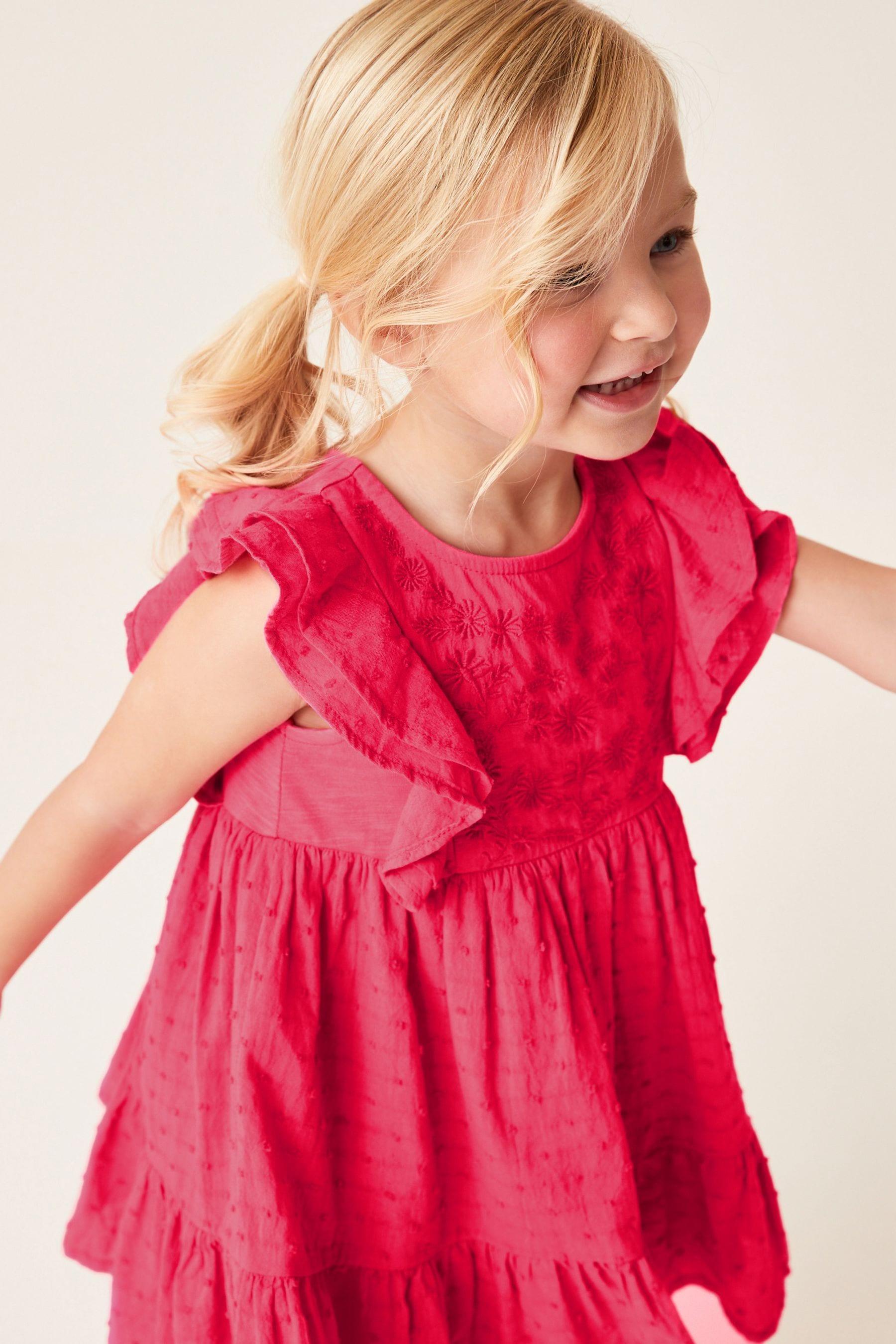 Red Jersey Woven Mix Embroidered Dress (3mths-7yrs)