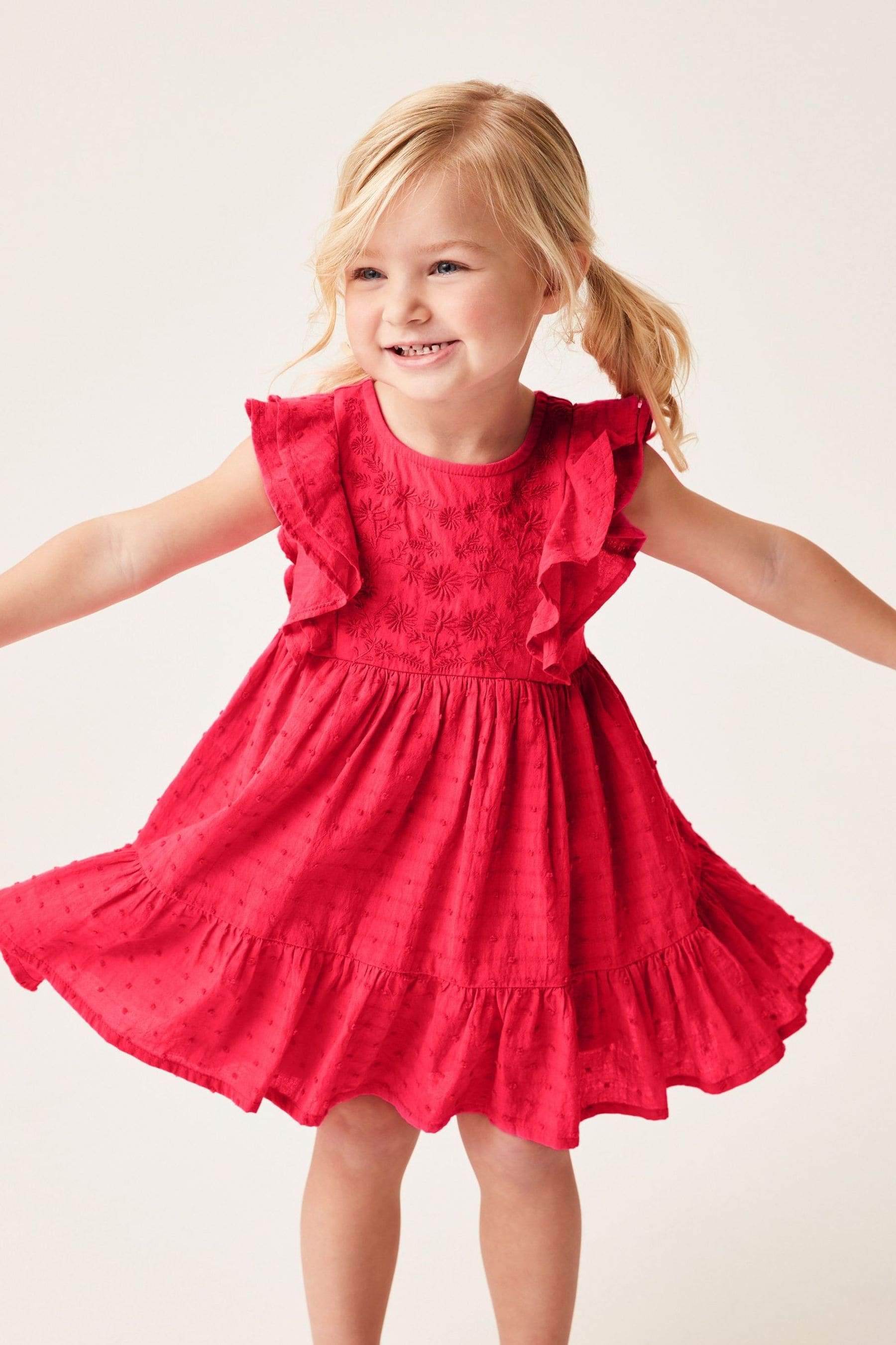 Red Jersey Woven Mix Embroidered Dress (3mths-7yrs)