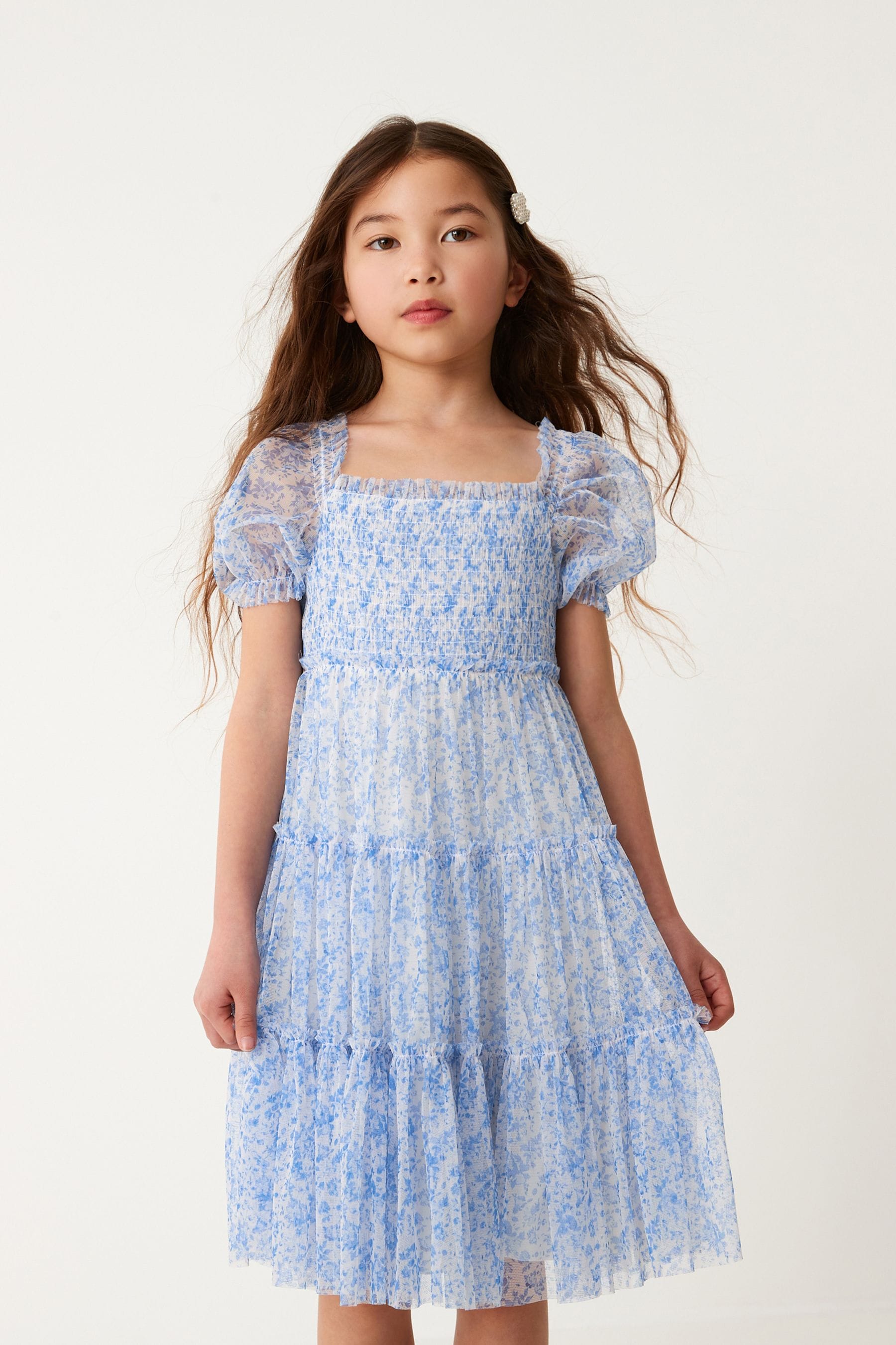 Blue Floral Mesh Tiered Dress (3-16yrs)