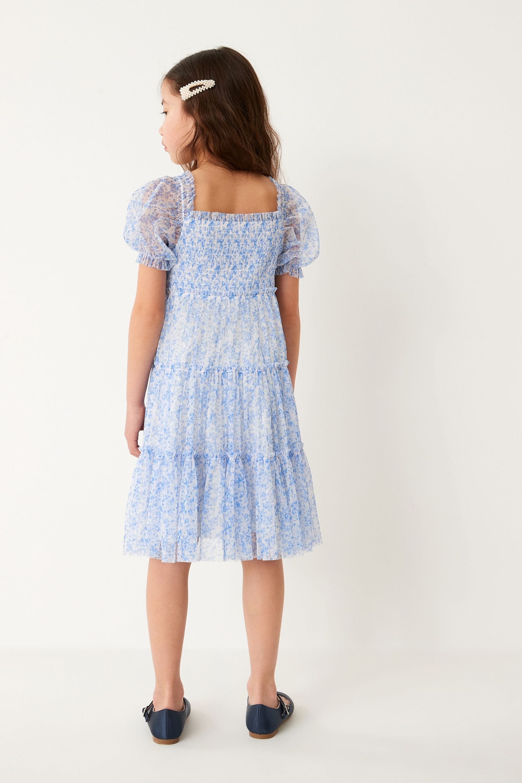 Blue Floral Mesh Tiered Dress (3-16yrs)