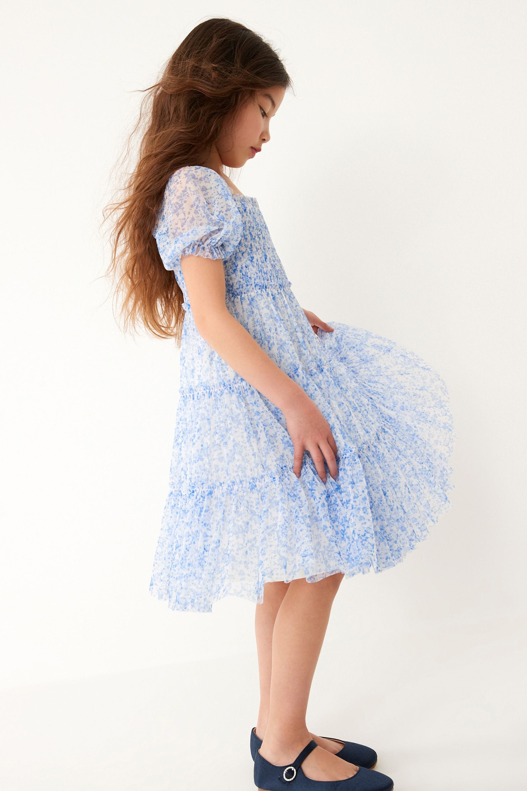 Blue Floral Mesh Tiered Dress (3-16yrs)