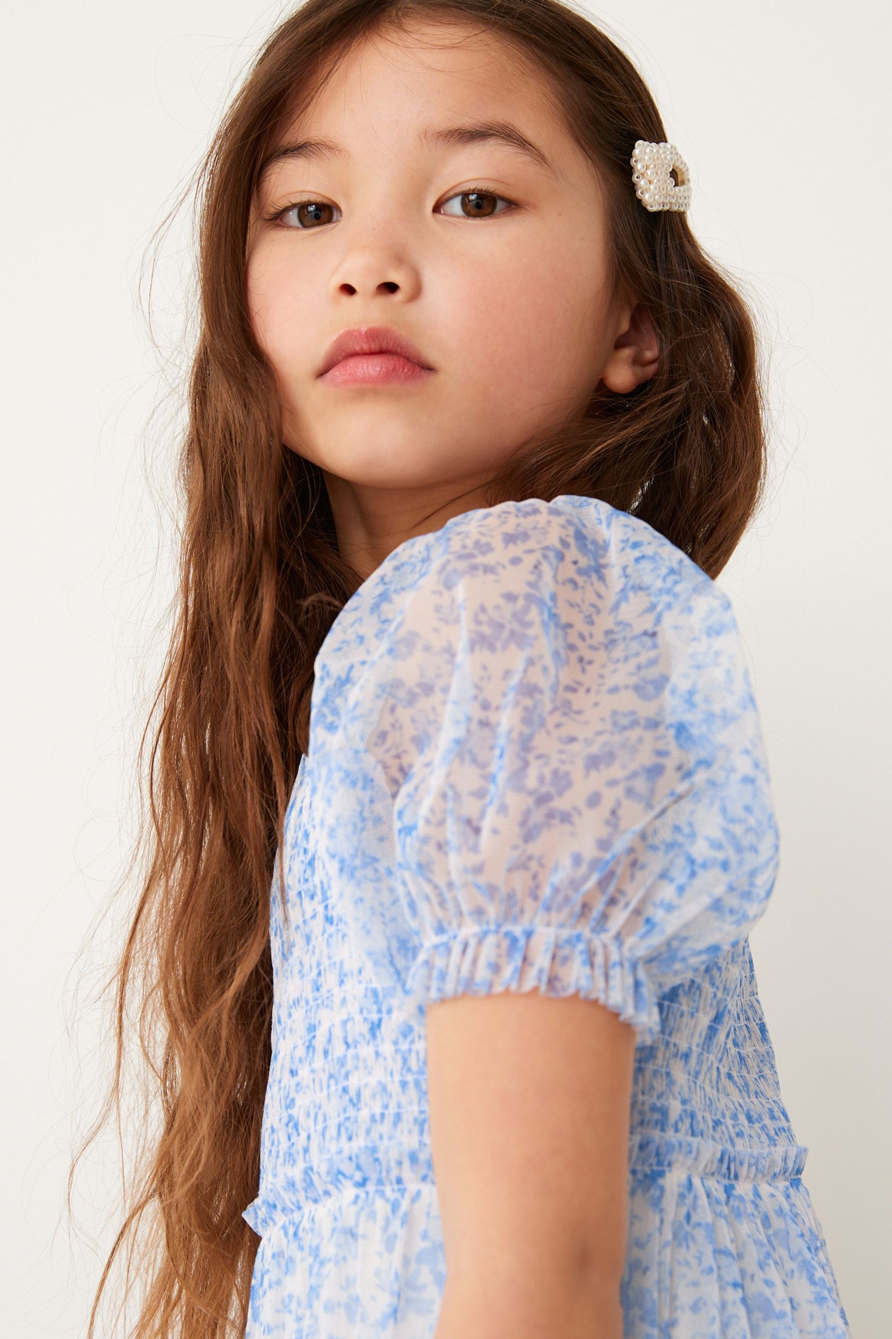 Blue Floral Mesh Tiered Dress (3-16yrs)