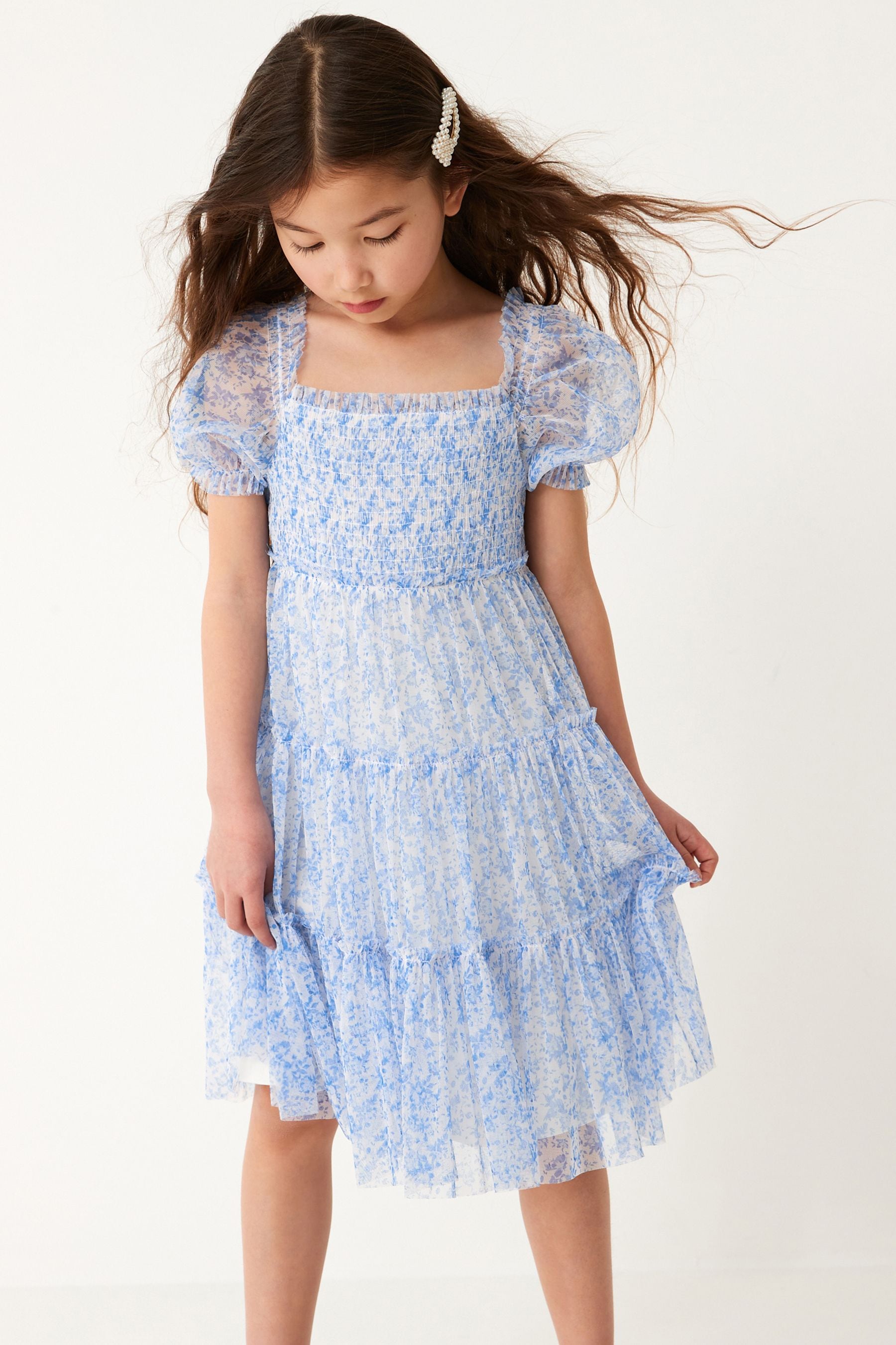 Blue Floral Mesh Tiered Dress (3-16yrs)