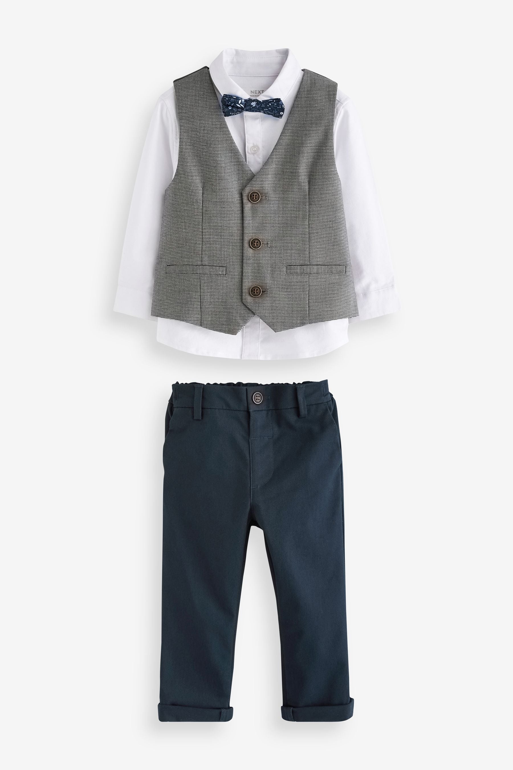 Grey Dogtooth Waistcoat, Shirt, Trousers & Bow Tie Set (3mths-9yrs)