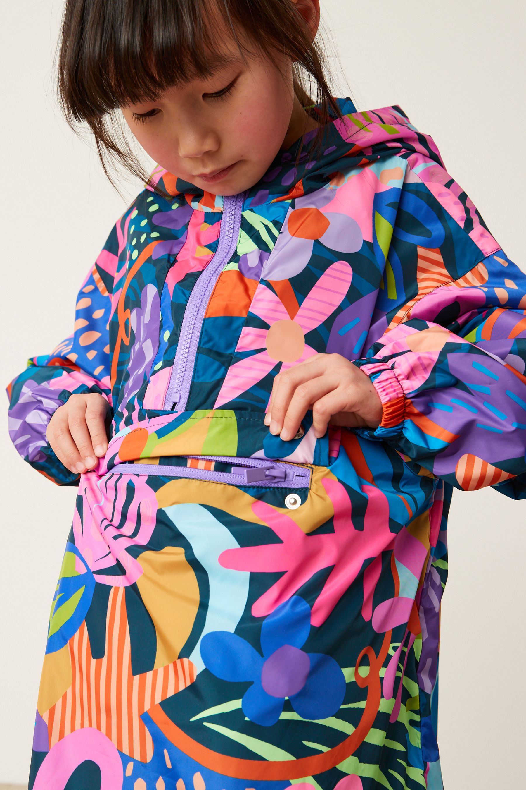 Bright Printed Shower Resistant Overhead Pack Away Poncho Cagoule (3-16yrs)