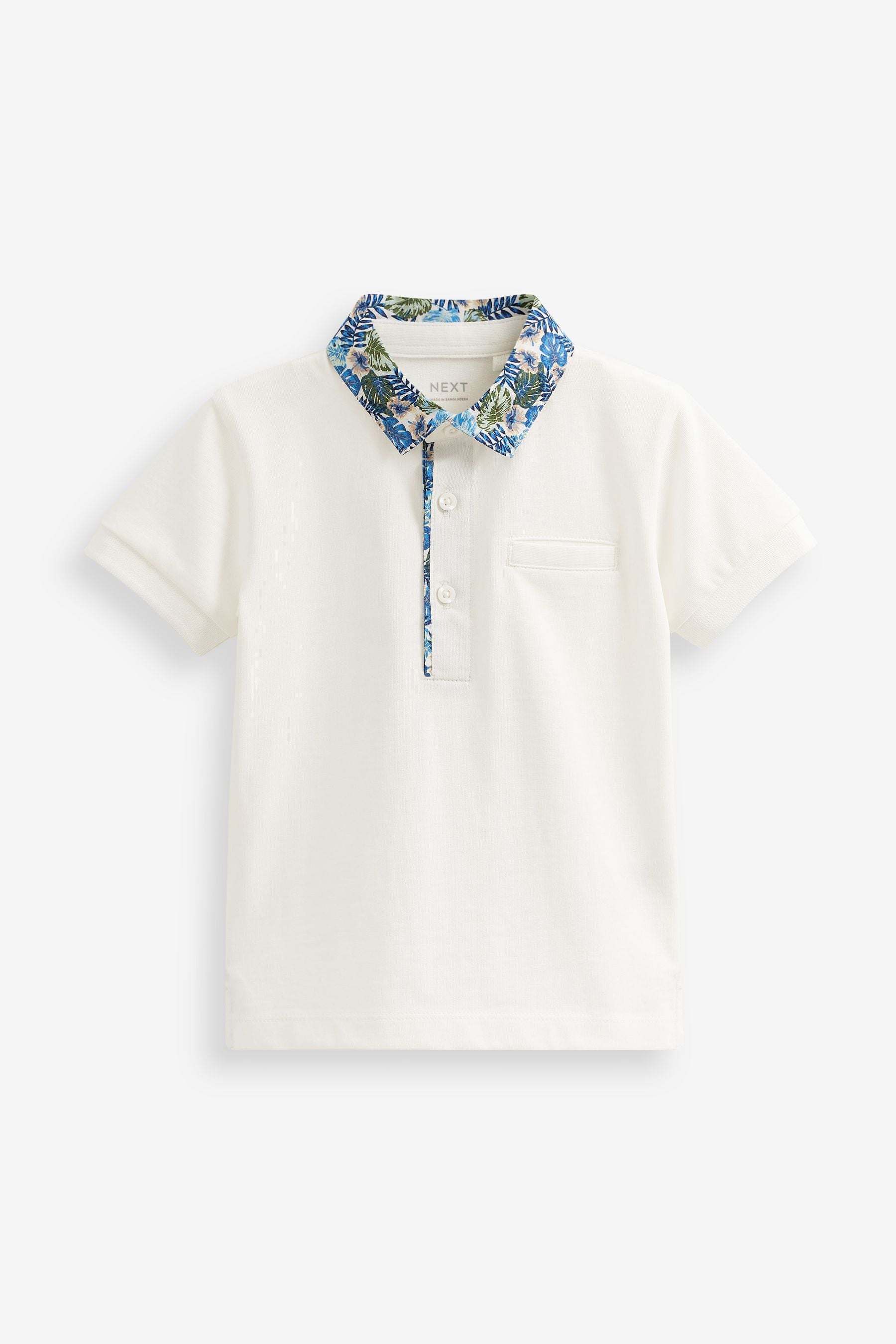 White Short Sleeve Polo Shirt With Floral Print Collar (3mths-7yrs)