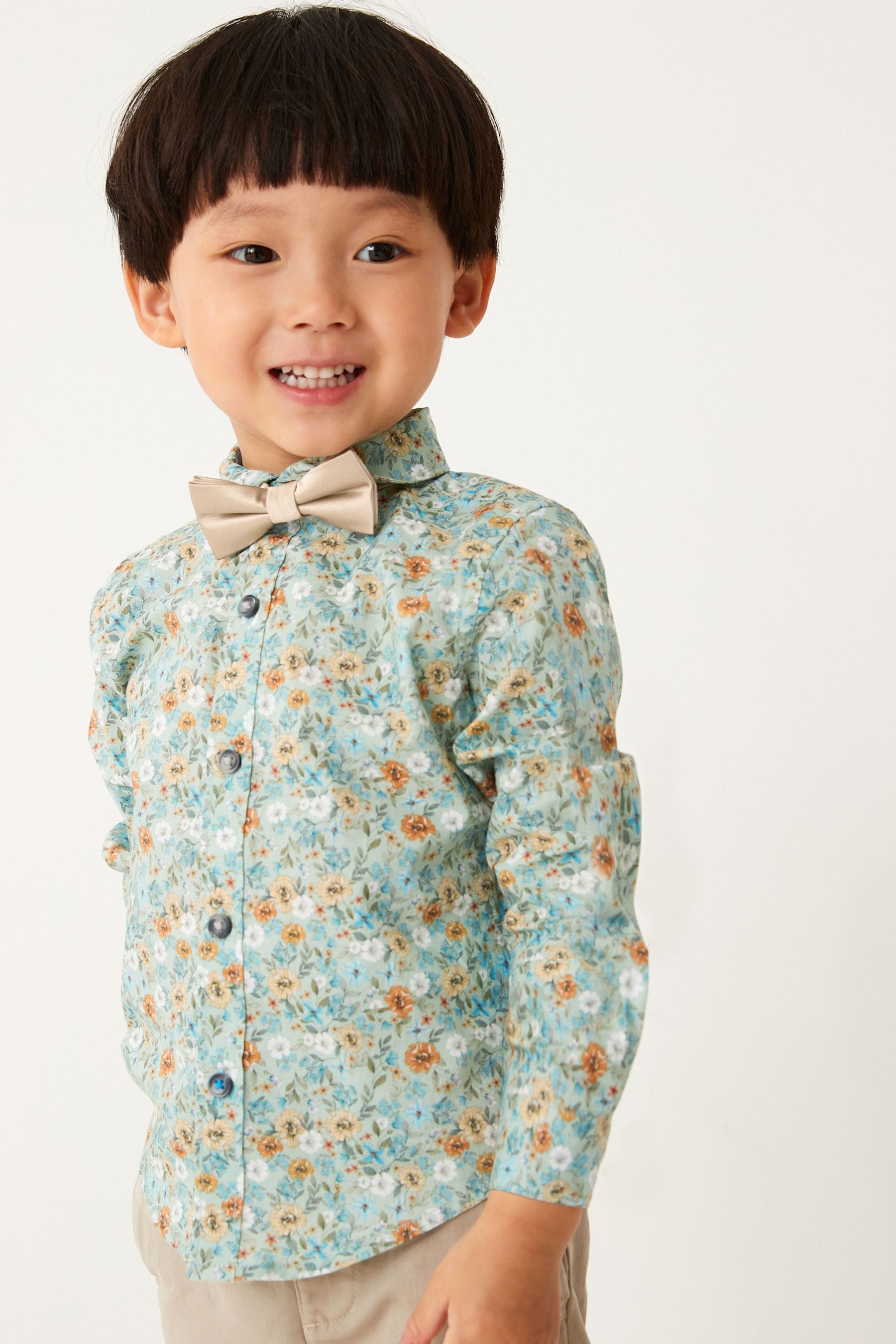 Green Smart Print Shirt With Bow Tie (3mths-7yrs)