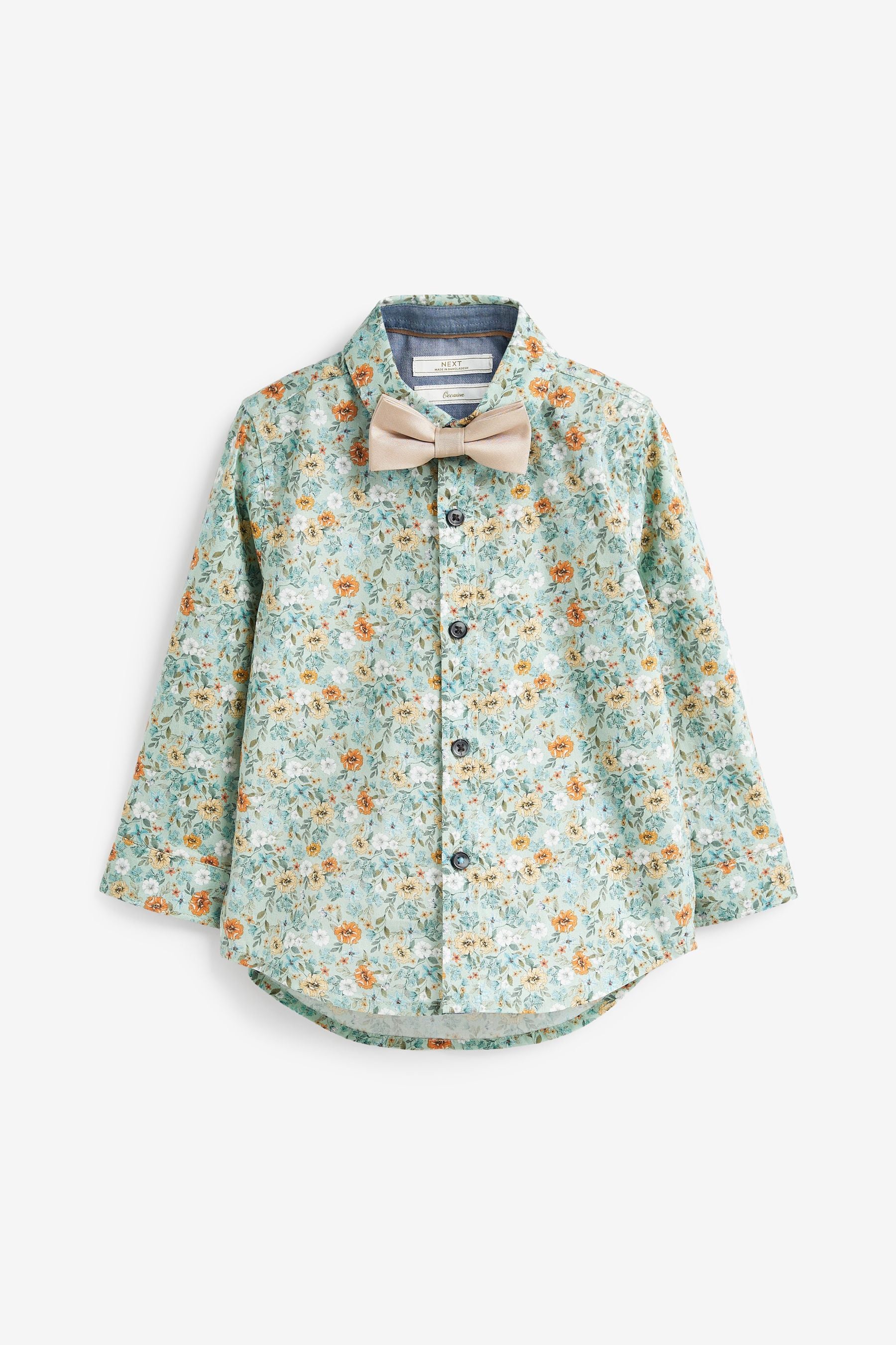 Green Smart Print Shirt With Bow Tie (3mths-7yrs)