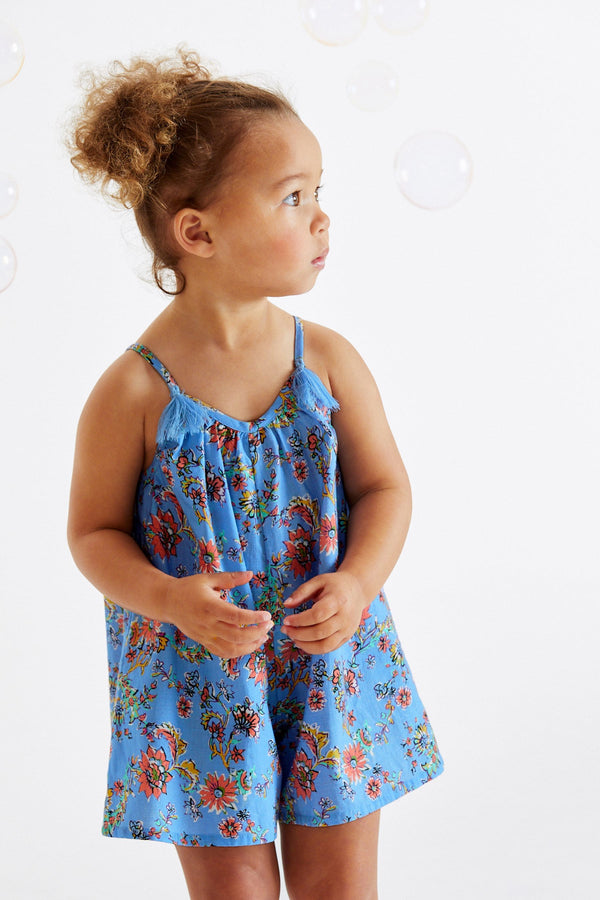 Blue Floral Printed Cotton Playsuit (3mths-8yrs)