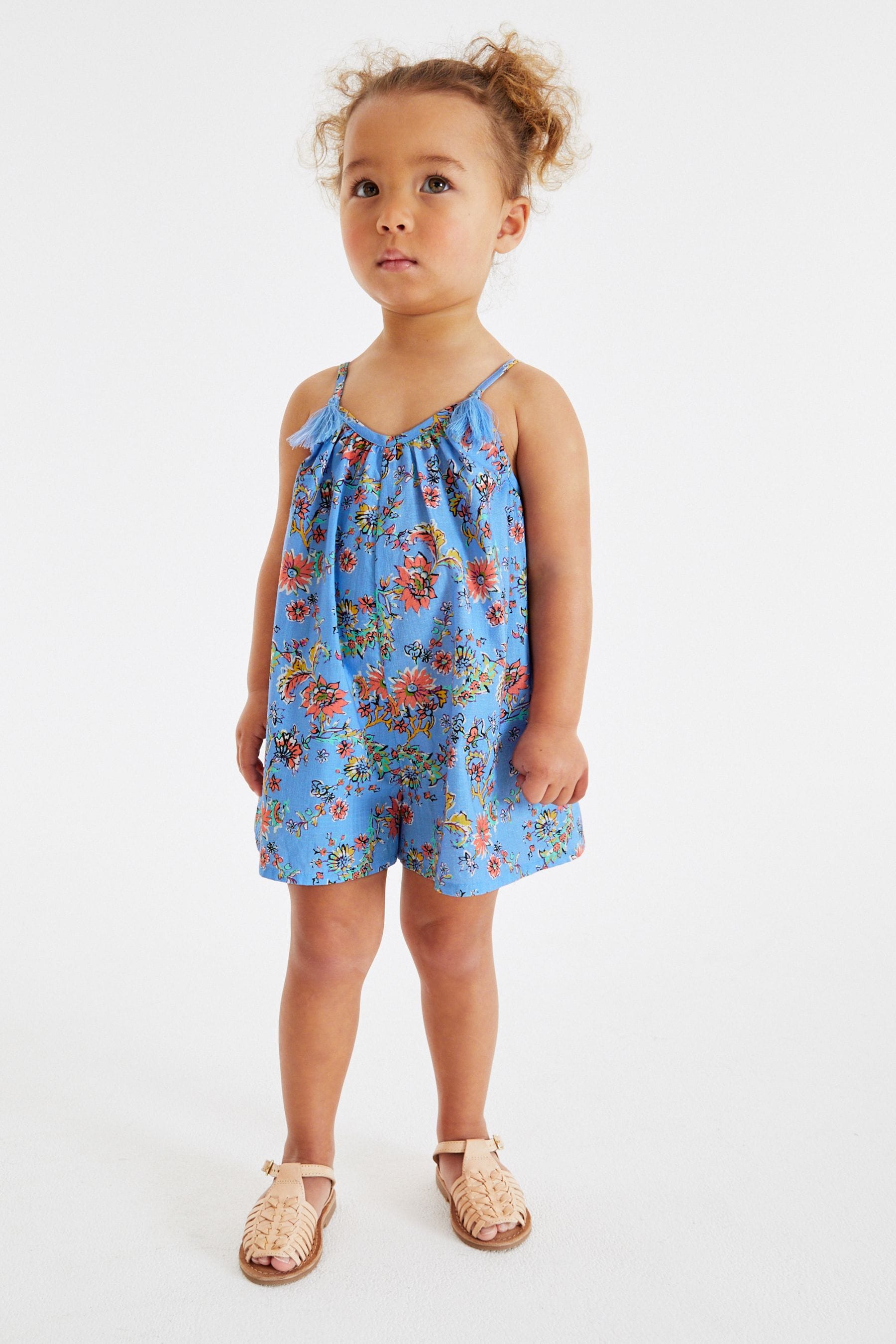 Blue Floral Printed Cotton Playsuit (3mths-8yrs)