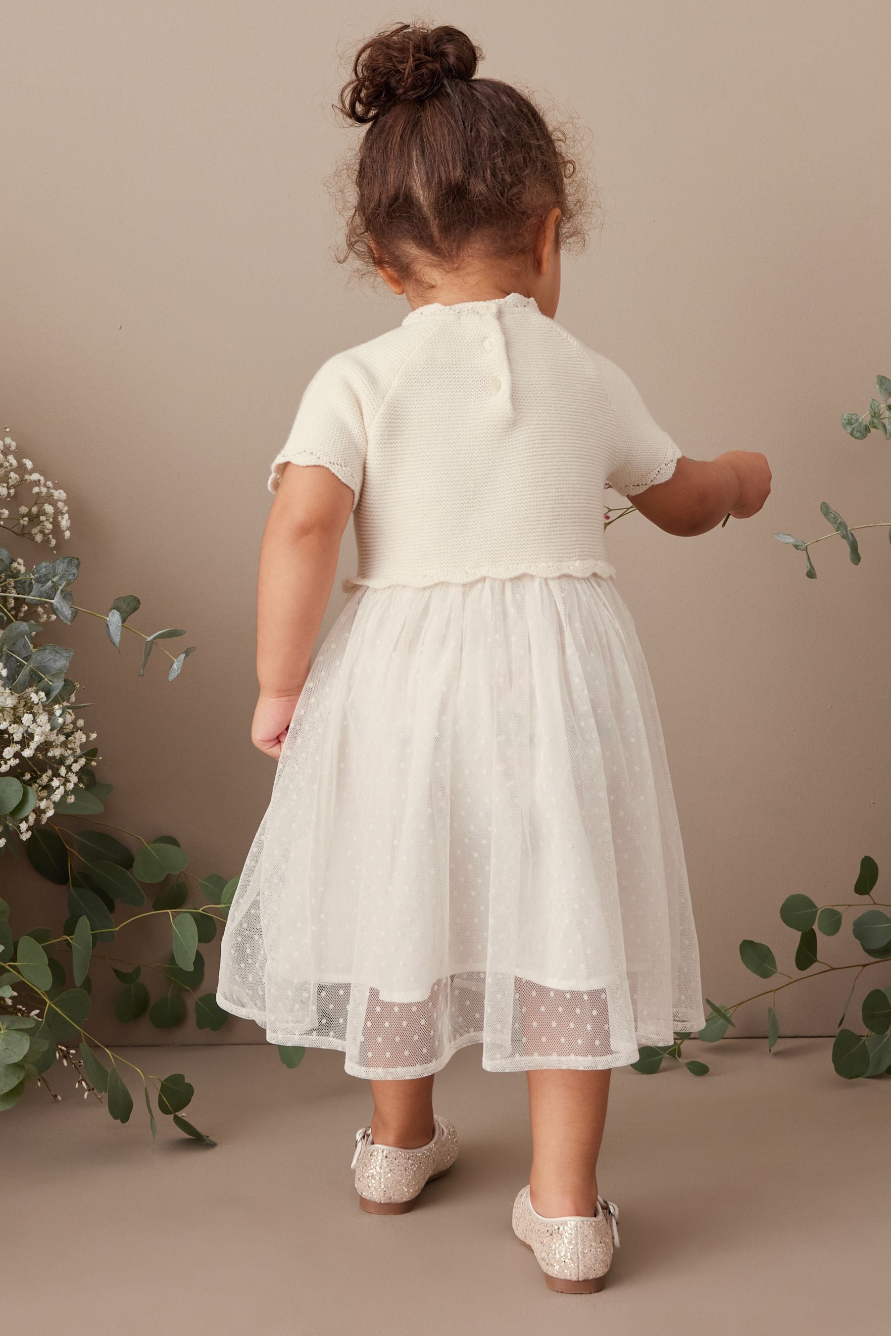 Ecru Cream Marl Sparkle Jumper Dress With Woven Skirt (3mths-7yrs)