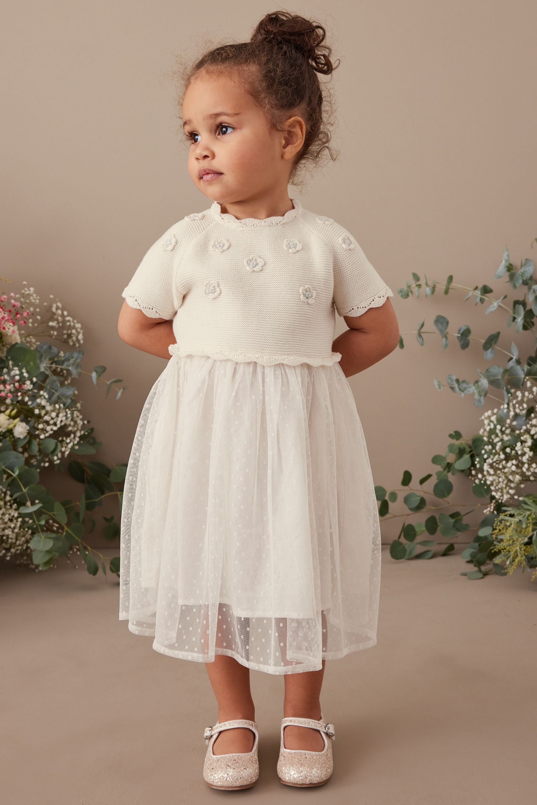 Ecru Cream Marl Sparkle Jumper Dress With Woven Skirt (3mths-7yrs)