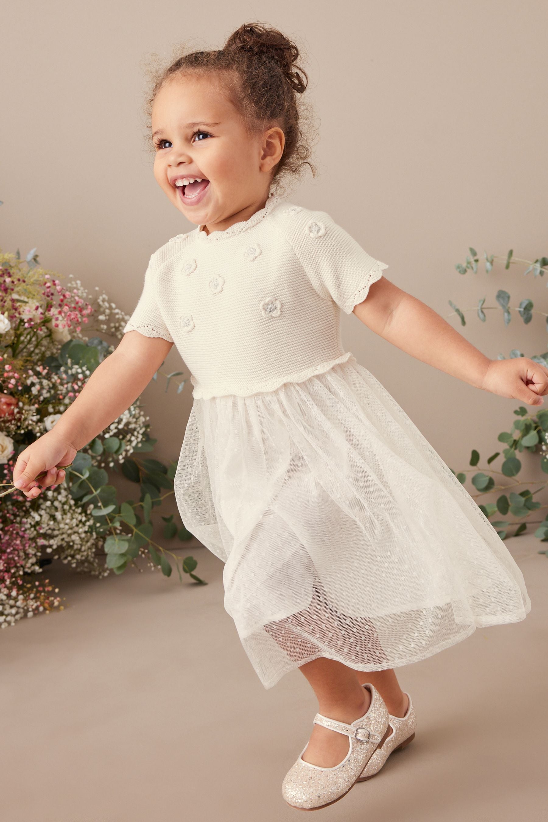 Ecru Cream Marl Sparkle Jumper Dress With Woven Skirt (3mths-7yrs)