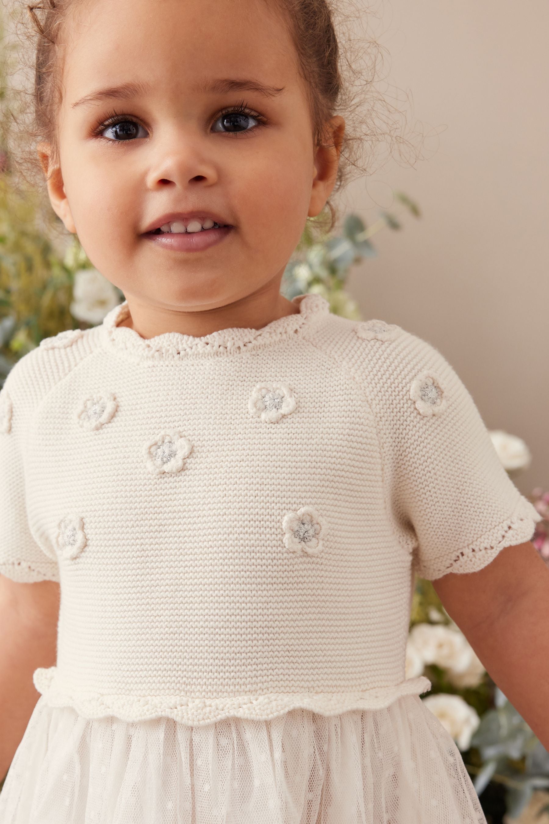 Ecru Cream Marl Sparkle Jumper Dress With Woven Skirt (3mths-7yrs)