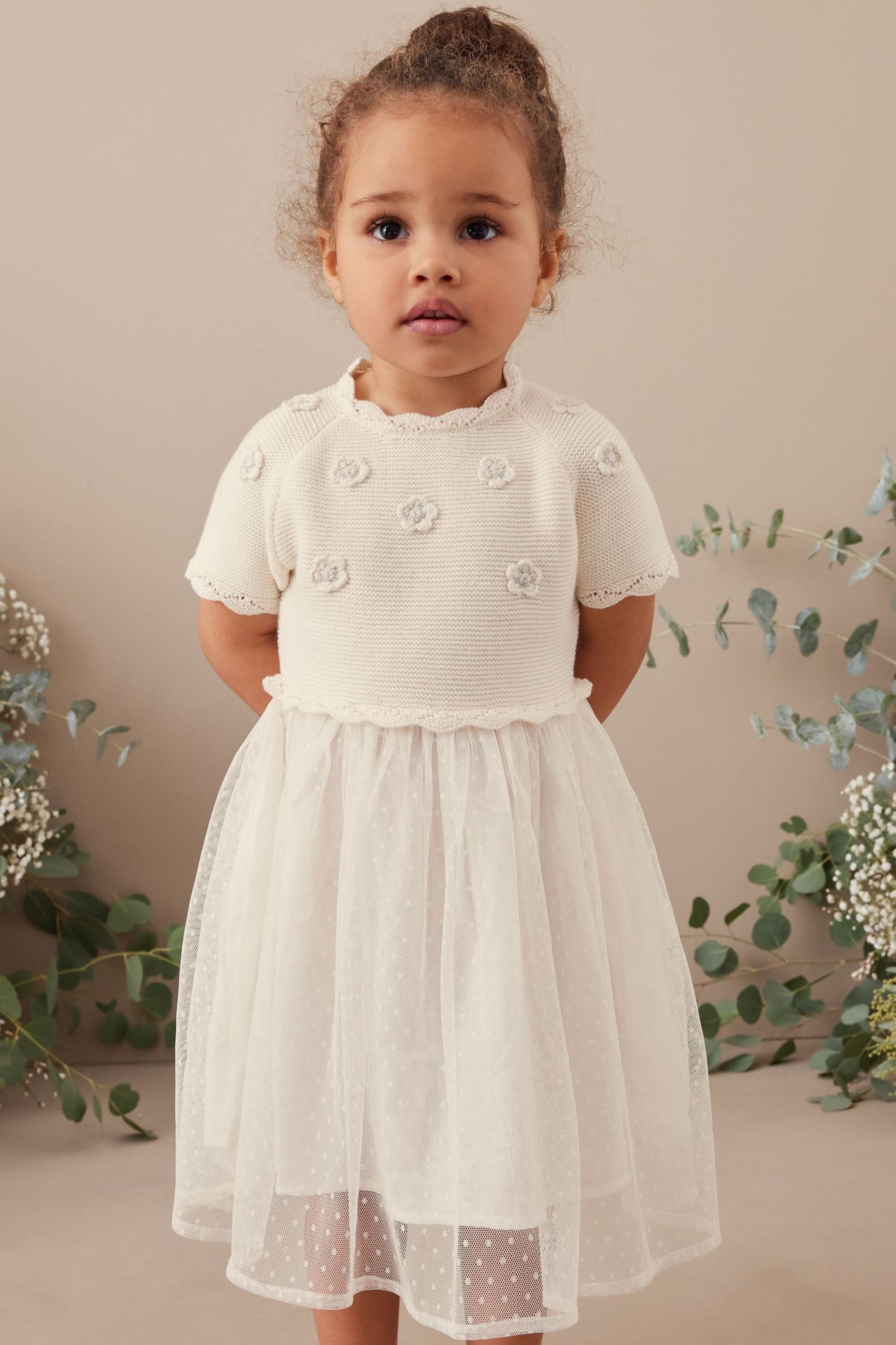 Ecru Cream Marl Sparkle Jumper Dress With Woven Skirt (3mths-7yrs)