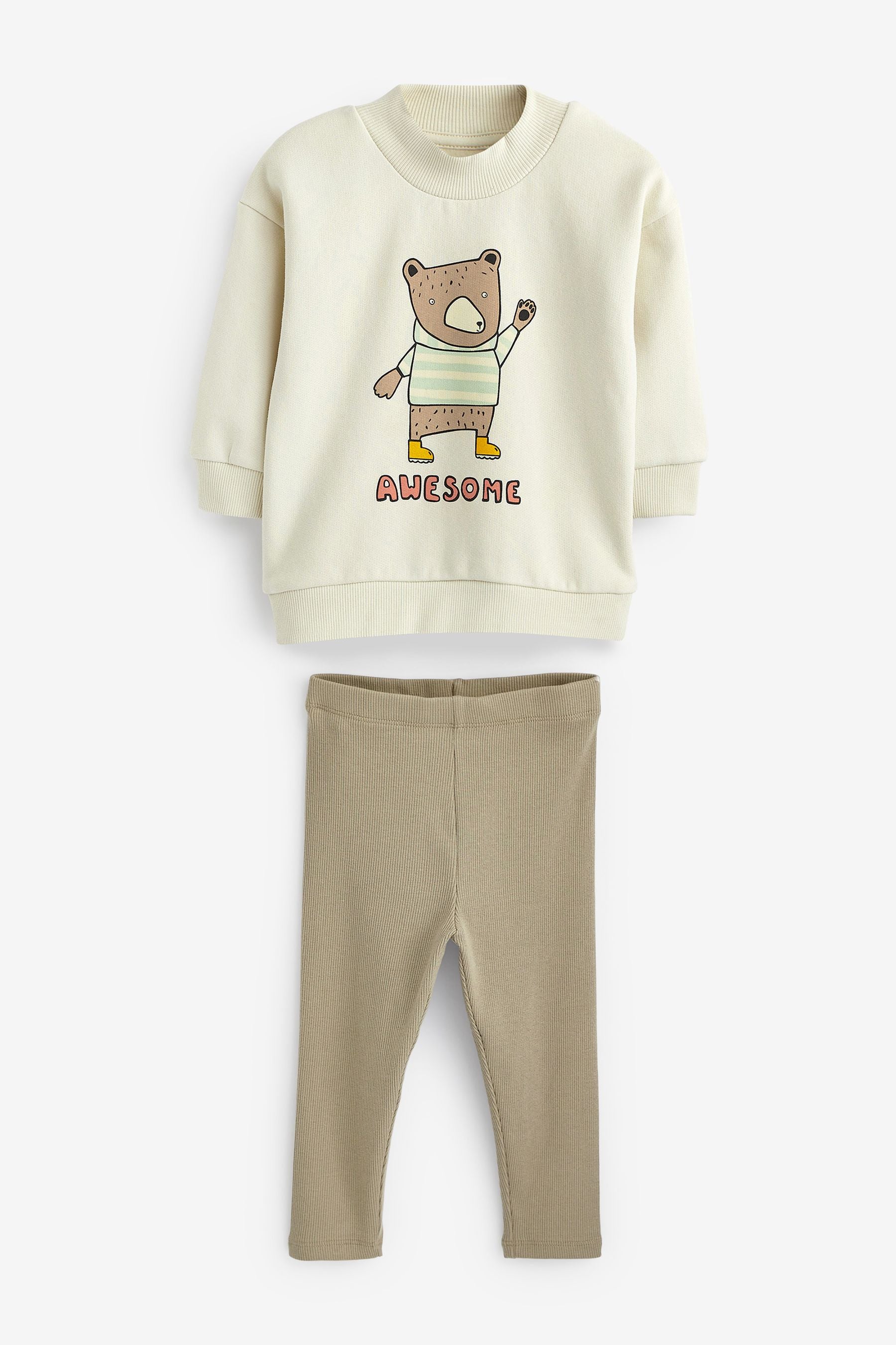 Tan Brown Bear Print Sweatshirt And Ribbed Legging Set (3mths-7yrs)