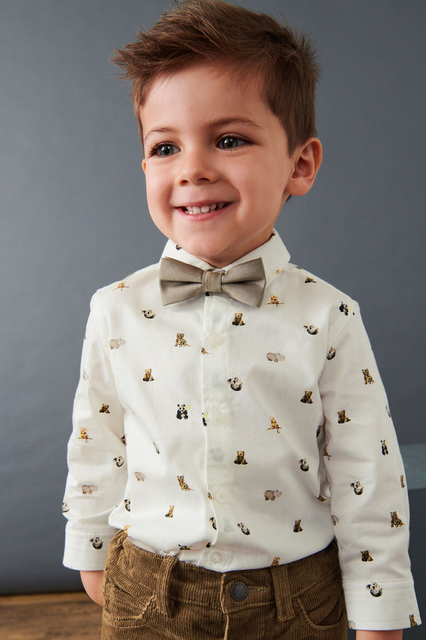 White Smart Print Shirt With Bow Tie (3mths-7yrs)