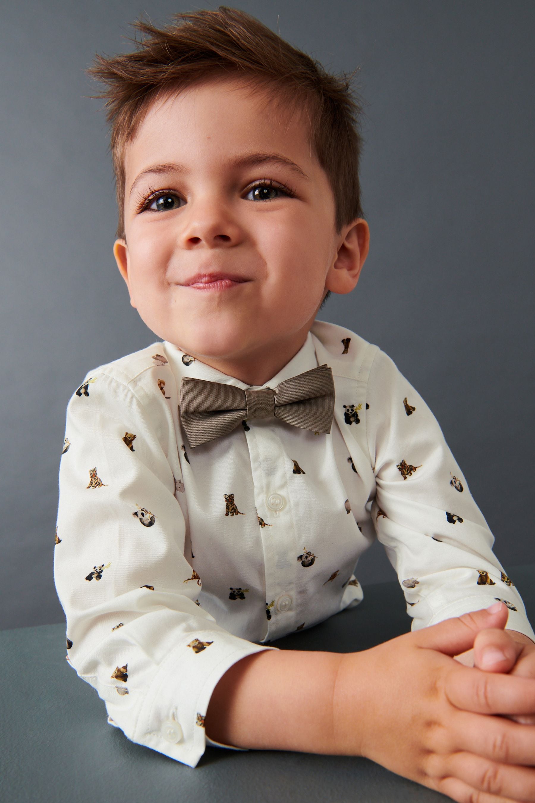 White Smart Print Shirt With Bow Tie (3mths-7yrs)